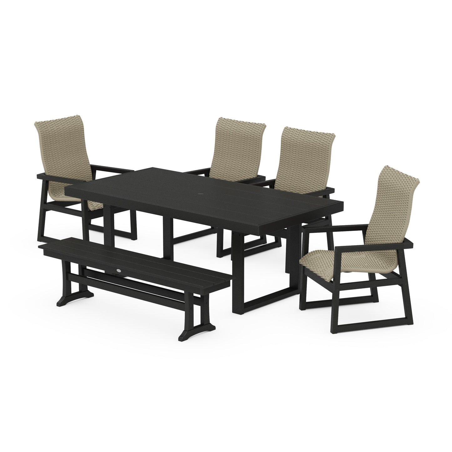 POLYWOOD EDGE Woven Highback 6-Piece Dining Set with Bench — Black / Dune Grass