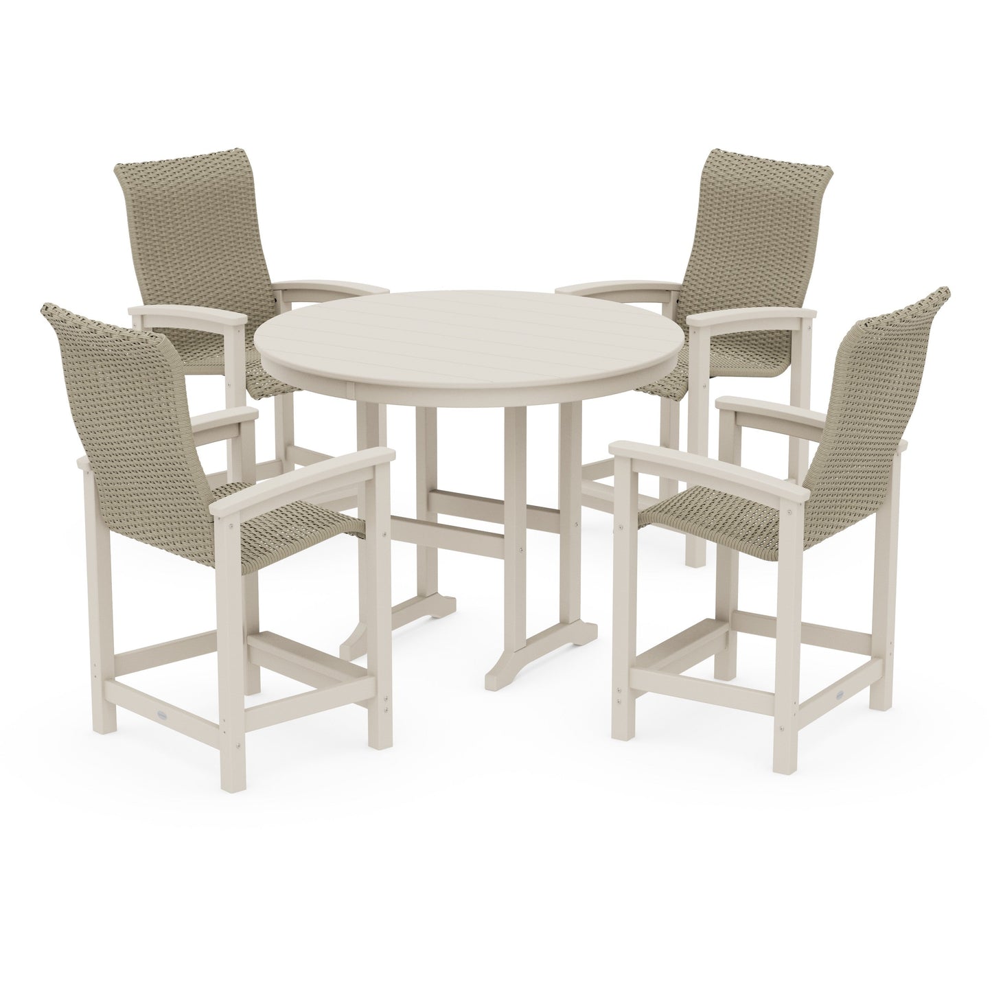 POLYWOOD Coastal Woven High-Back 5-Piece Round Farmhouse Counter Set — Sand / Dune Grass