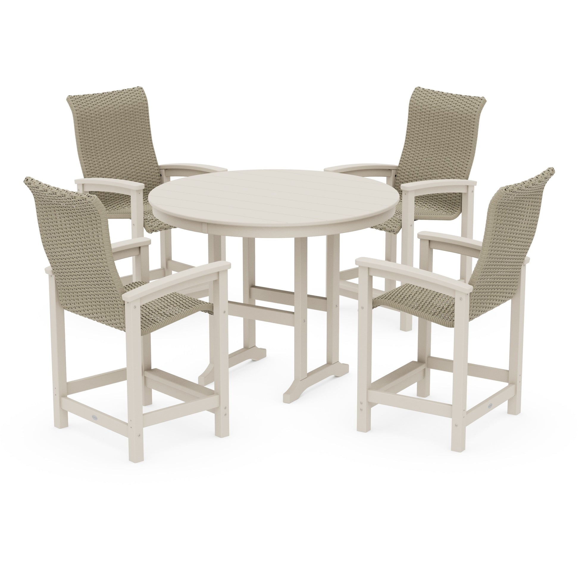 POLYWOOD Coastal Woven High-Back 5-Piece Round Farmhouse Counter Set — Sand / Dune Grass