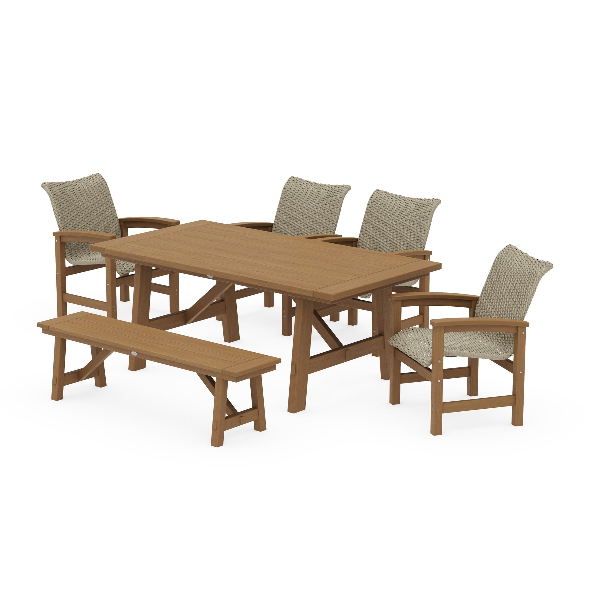 POLYWOOD Coastal Woven 6-Piece Rustic Farmhouse Dining Set with Bench — Natural / Dune Grass