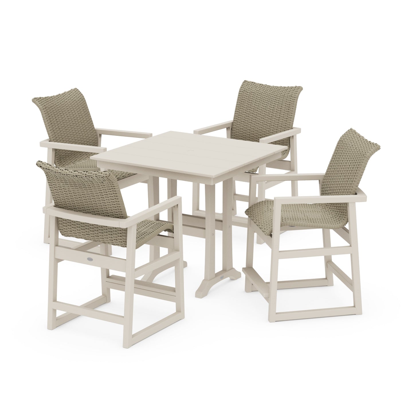 POLYWOOD EDGE Woven 5-Piece Farmhouse Counter Set with Trestle Legs — Sand / Dune Grass