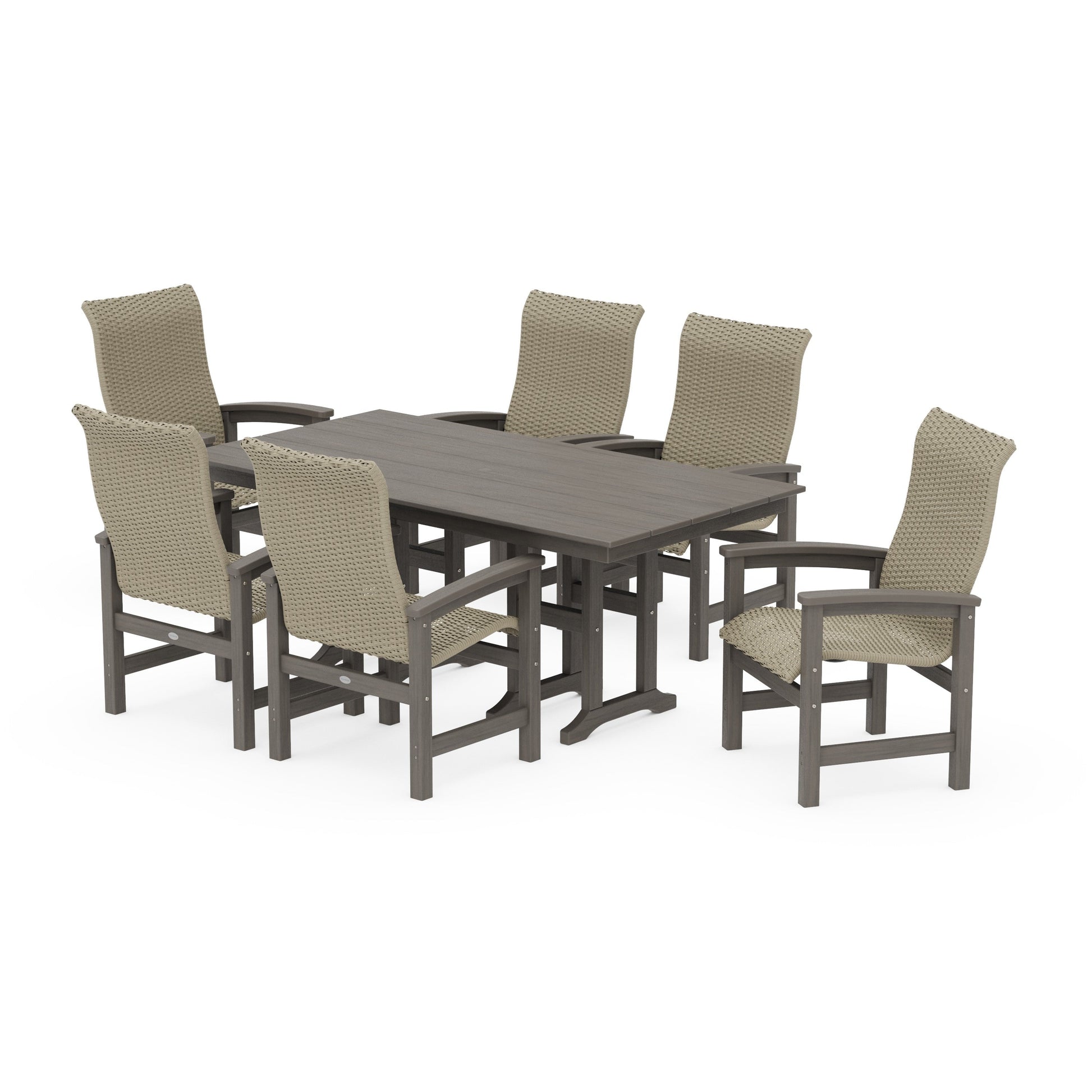 POLYWOOD Coastal Woven High-Back Arm Chair 7-Piece Farmhouse Dining Set — Driftwood / Dune Grass
