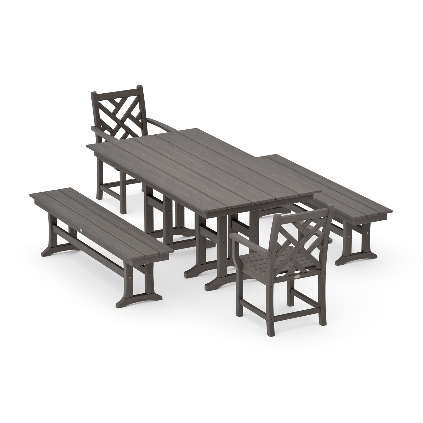 POLYWOOD Chippendale 5-Piece Farmhouse Dining Set with Benches — Driftwood