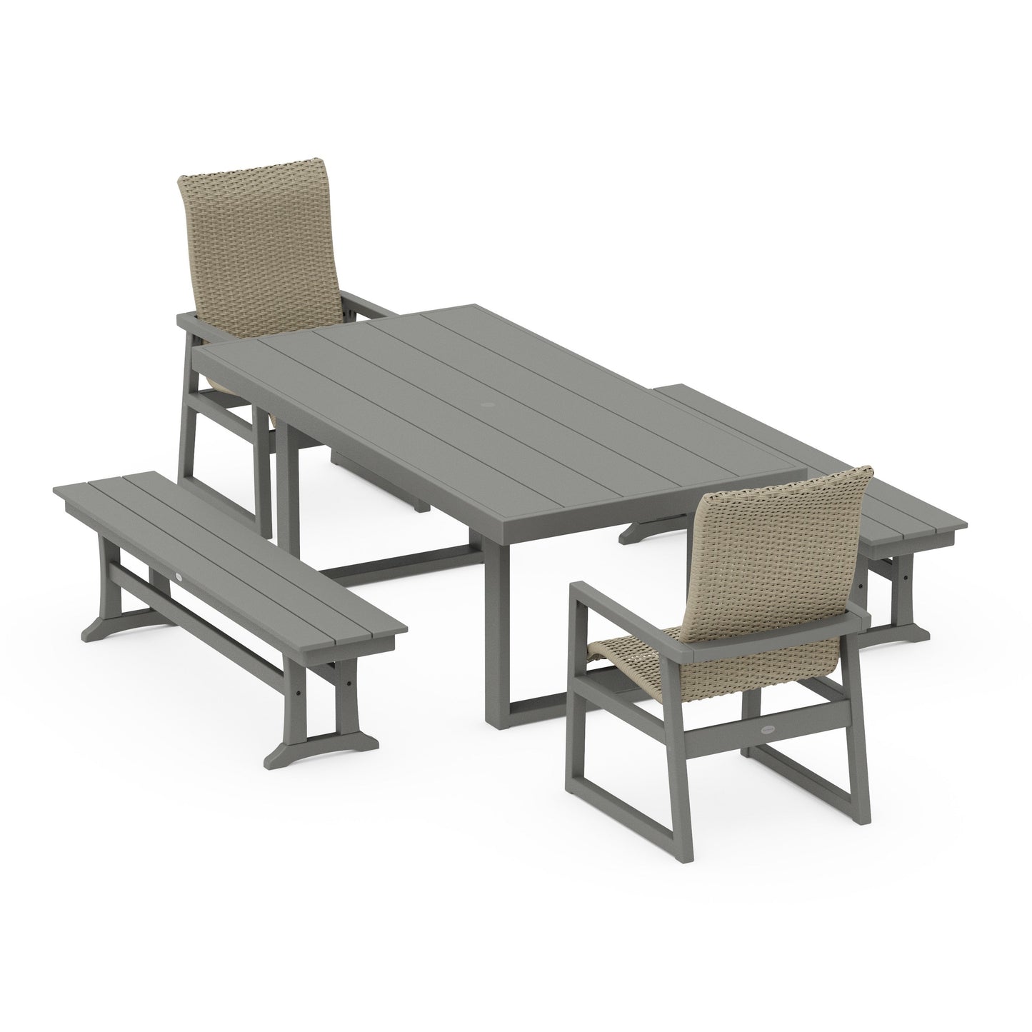 POLYWOOD EDGE Woven Highback 5-Piece Dining Set with Benches — Slate Grey / Dune Grass