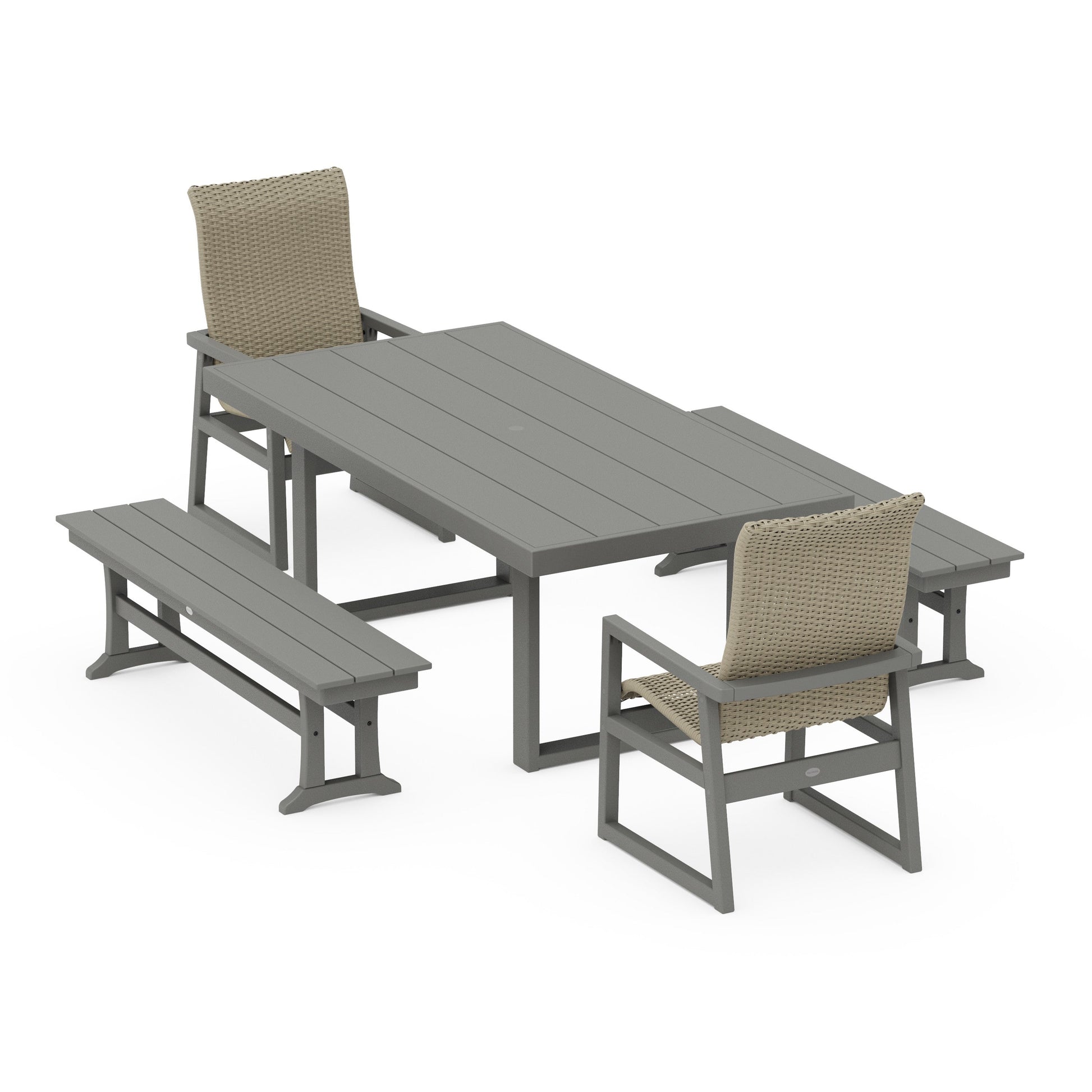 POLYWOOD EDGE Woven Highback 5-Piece Dining Set with Benches — Slate Grey / Dune Grass