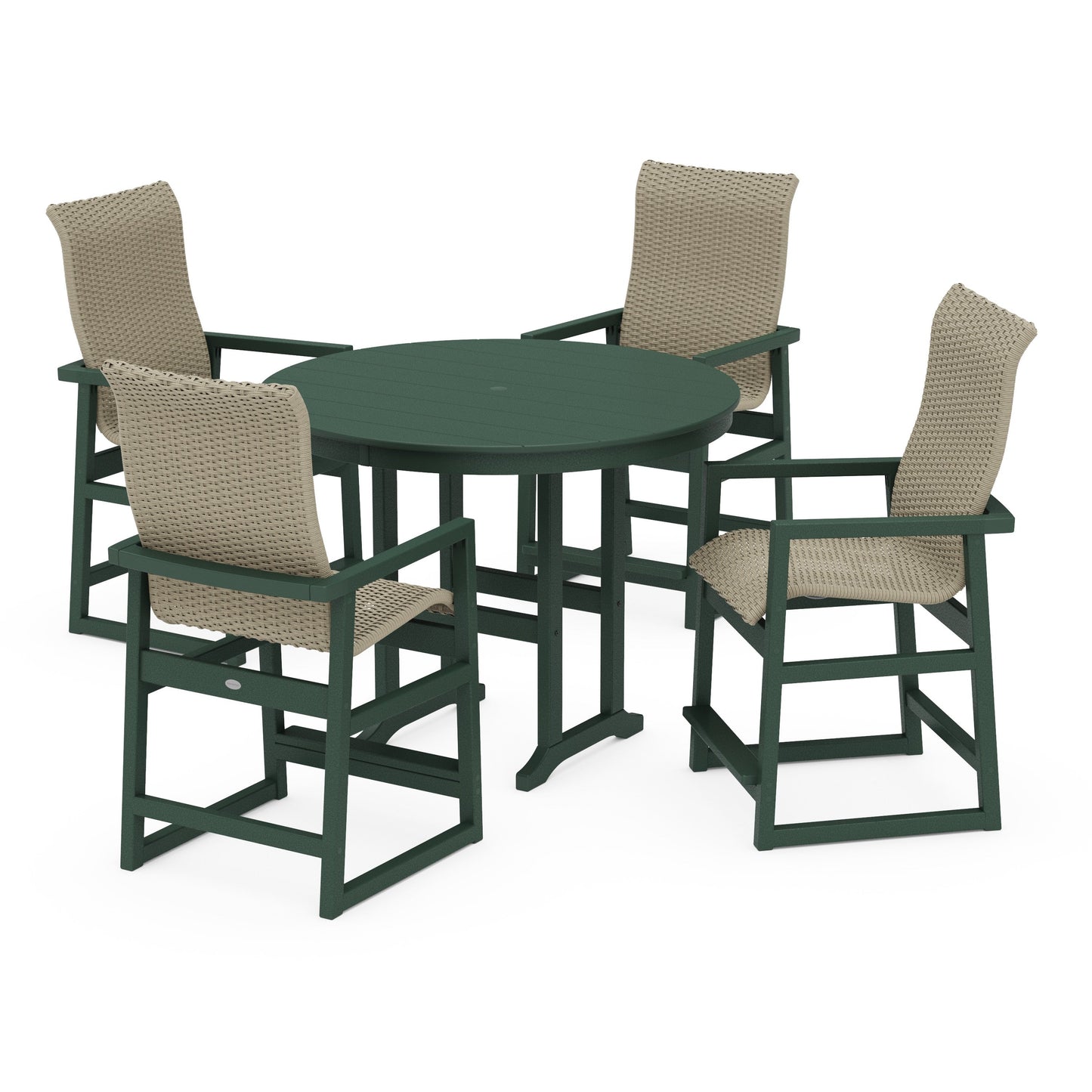 POLYWOOD EDGE Woven Highback 5-Piece Round Farmhouse Counter Set — Green / Dune Grass