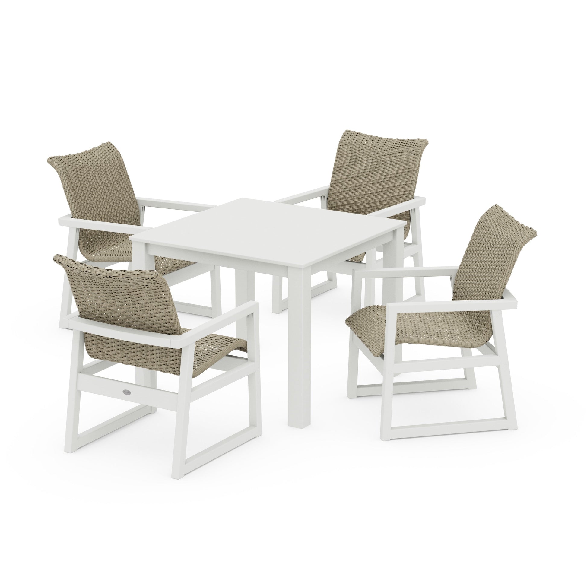 POLYWOOD EDGE Woven 5-Piece Parsons Dining Set — White / Dune Grass