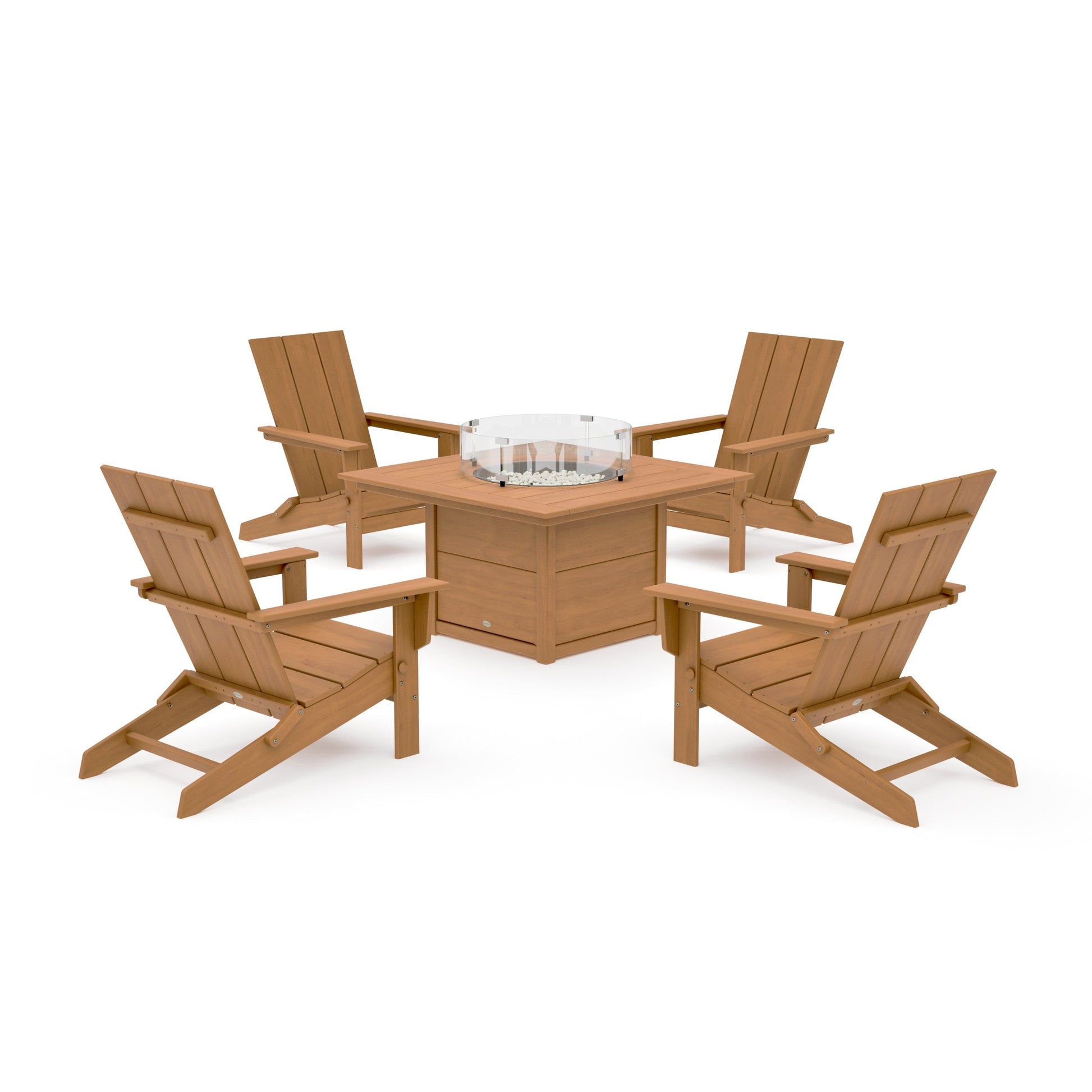 POLYWOOD 5-Piece Modern Studio Folding Adirondack Conversation Set with Fire Pit Table — Natural