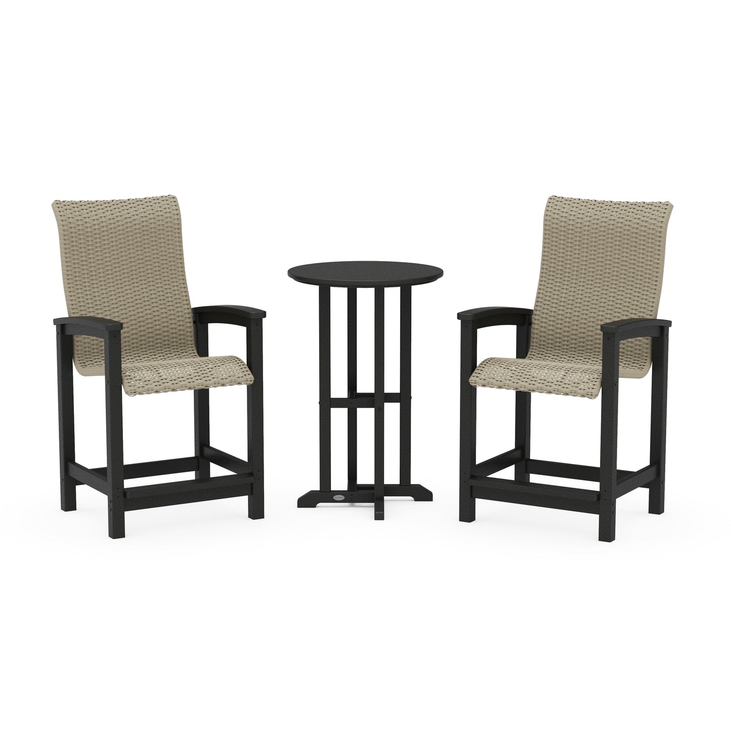 POLYWOOD Coastal Woven High-Back 3-Piece Farmhouse Counter Set — Black / Dune Grass