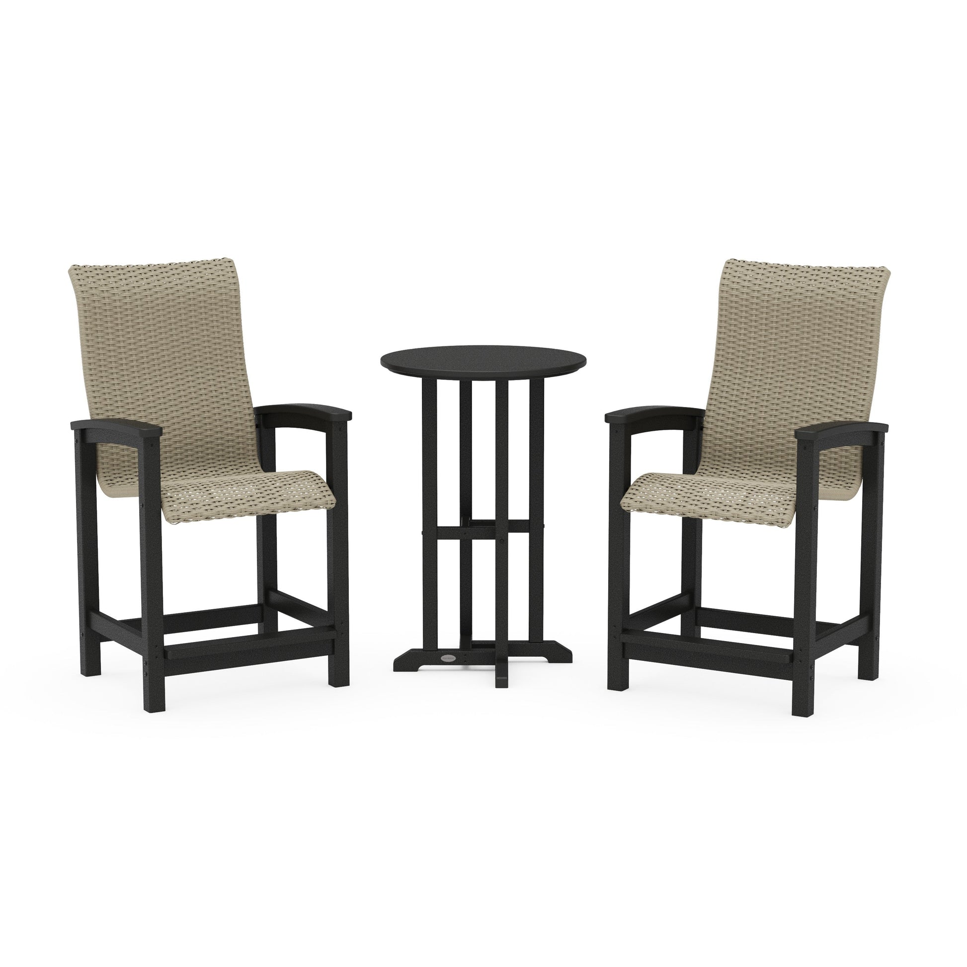POLYWOOD Coastal Woven High-Back 3-Piece Farmhouse Counter Set — Black / Dune Grass