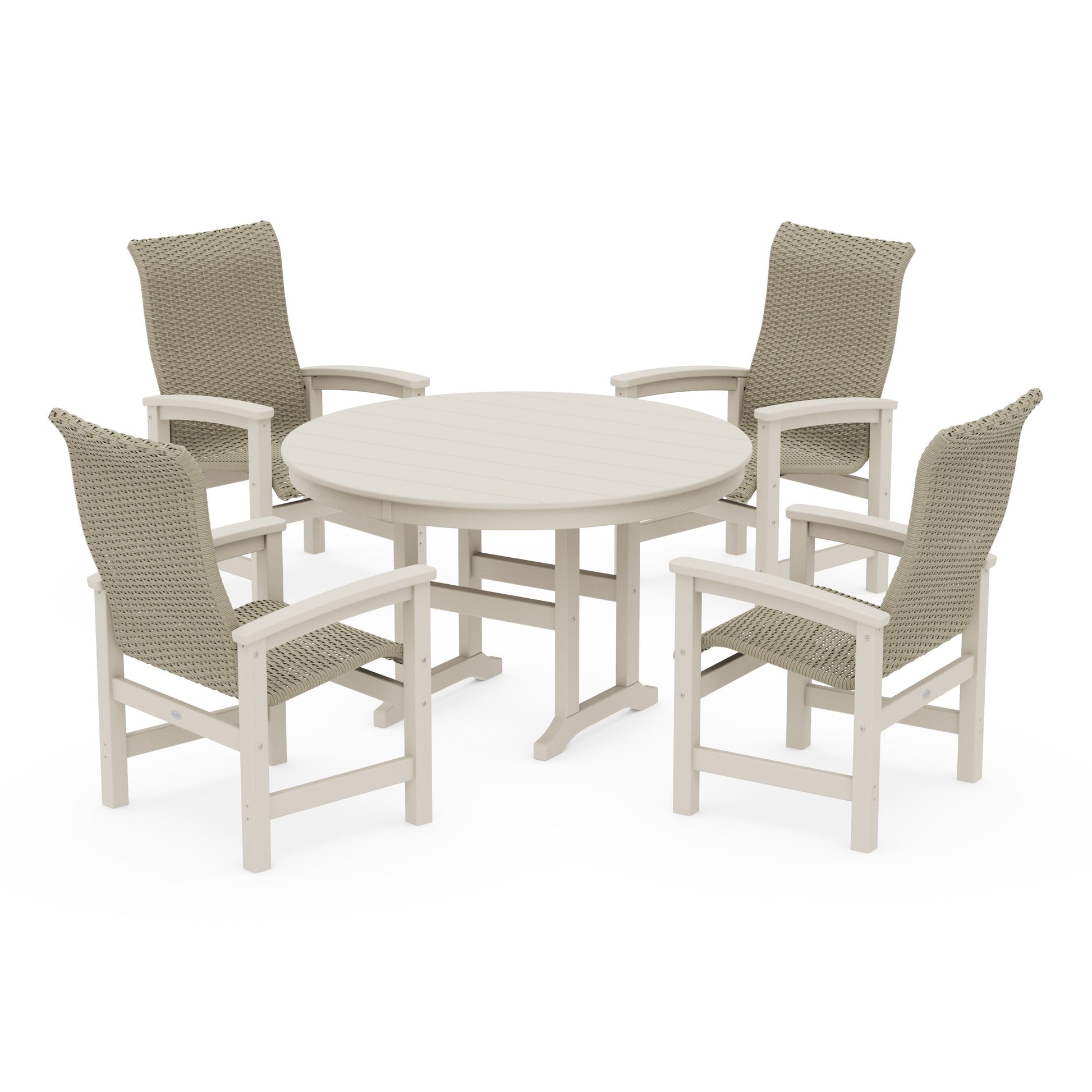 POLYWOOD Coastal Woven High-Back 5-Piece Round Farmhouse Dining Set — Sand / Dune Grass