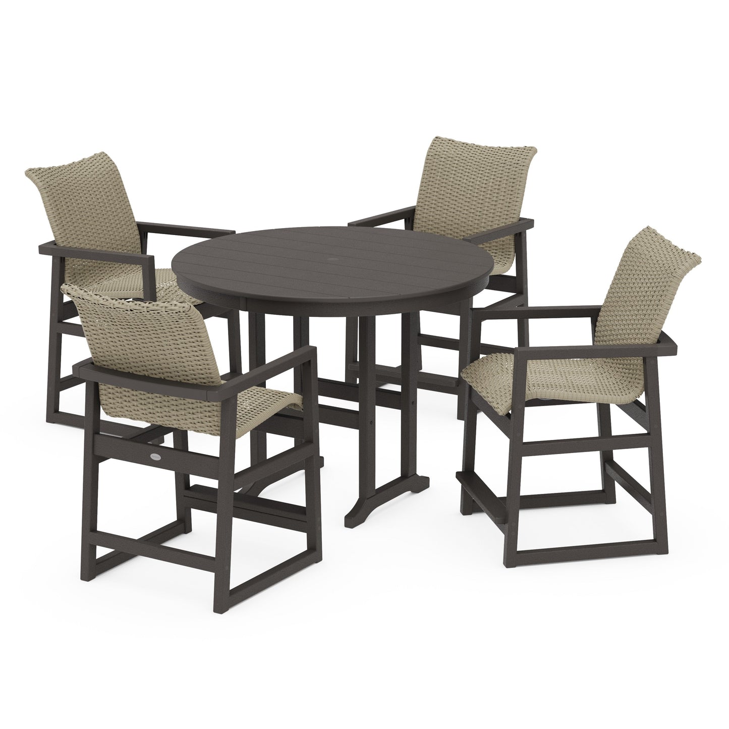 POLYWOOD EDGE Woven 5-Piece Round Farmhouse Counter Set — Vintage Coffee / Dune Grass
