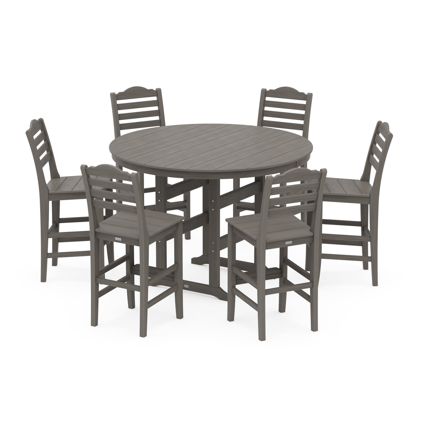 POLYWOOD Savannah 7-Piece Farmhouse Side Chair Round Bar Set — Driftwood