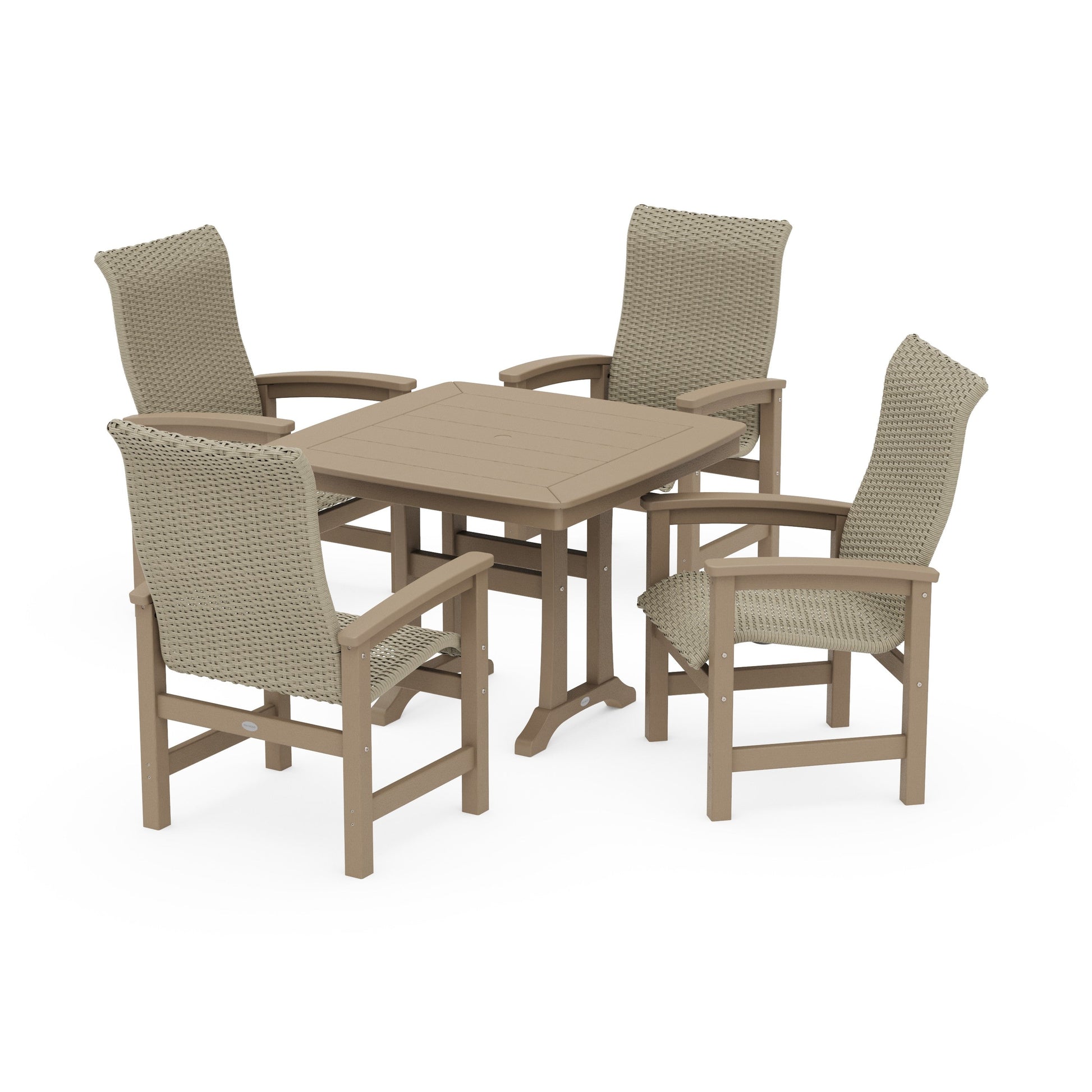 POLYWOOD Coastal Woven High-Back 5-Piece Dining Set with Trestle Legs — Vintage Sahara / Dune Grass