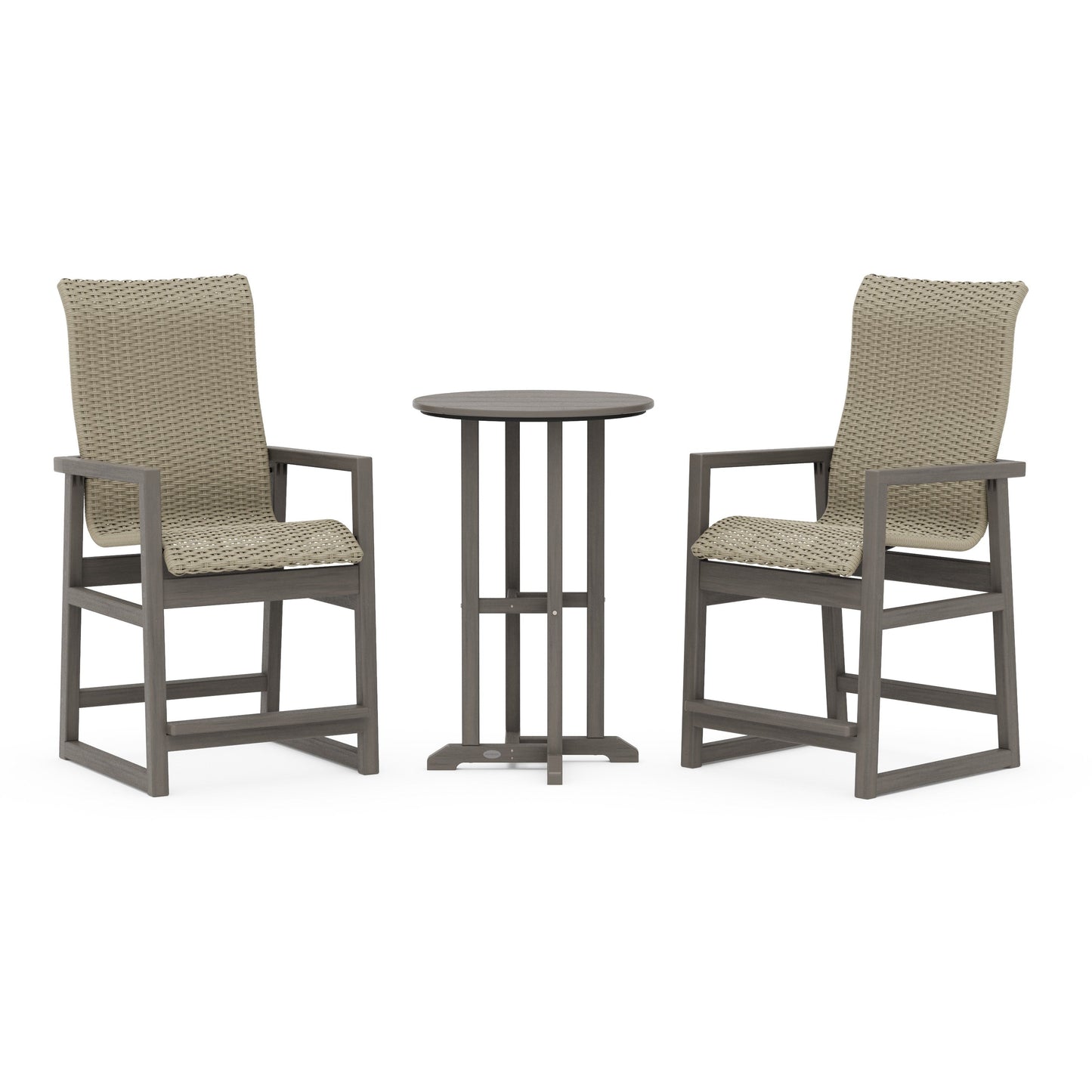 POLYWOOD EDGE Woven Highback 3-Piece Farmhouse Counter Set — Driftwood / Dune Grass