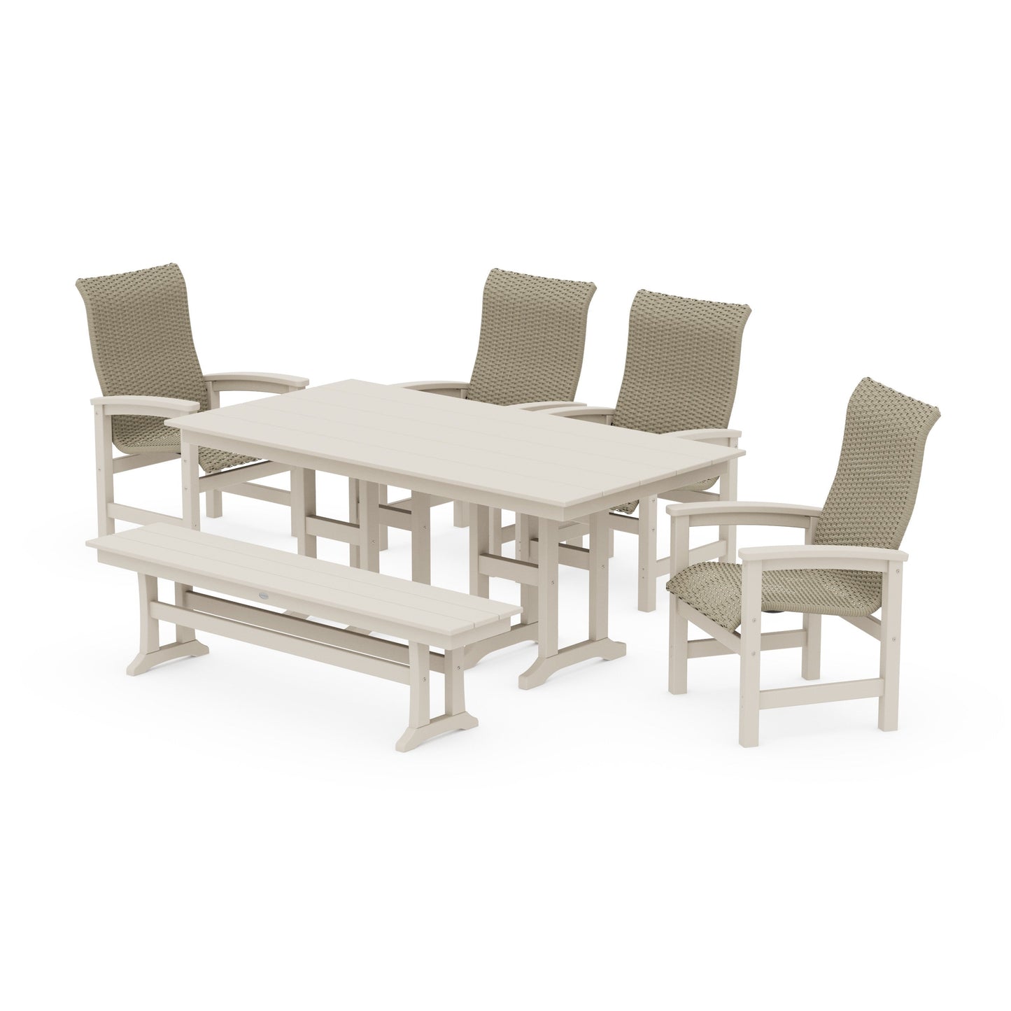 POLYWOOD Coastal Woven High-Back 6-Piece Farmhouse Dining Set with Bench — Sand / Dune Grass