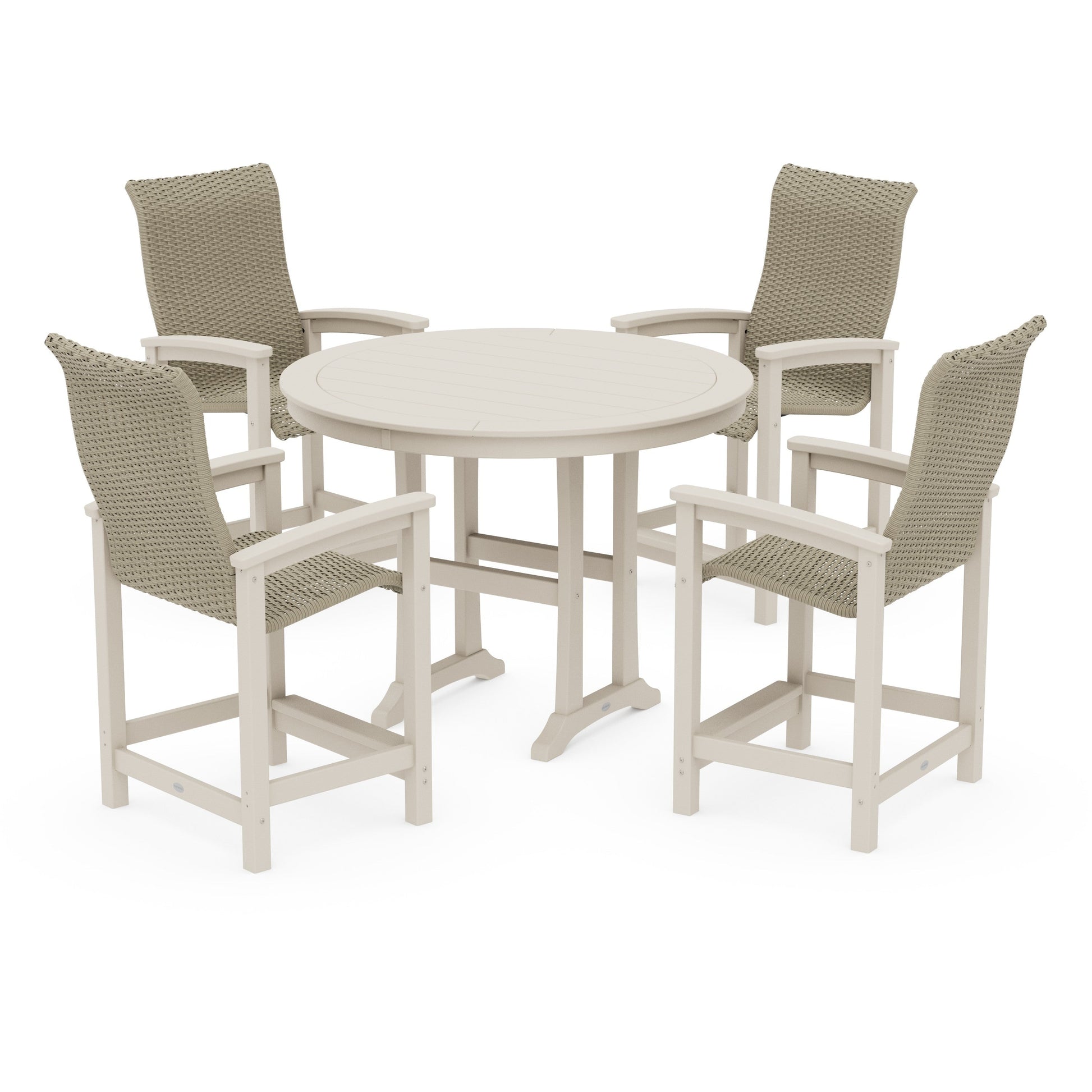 POLYWOOD Coastal Woven High-Back 5-Piece Round Counter Set — Sand / Dune Grass