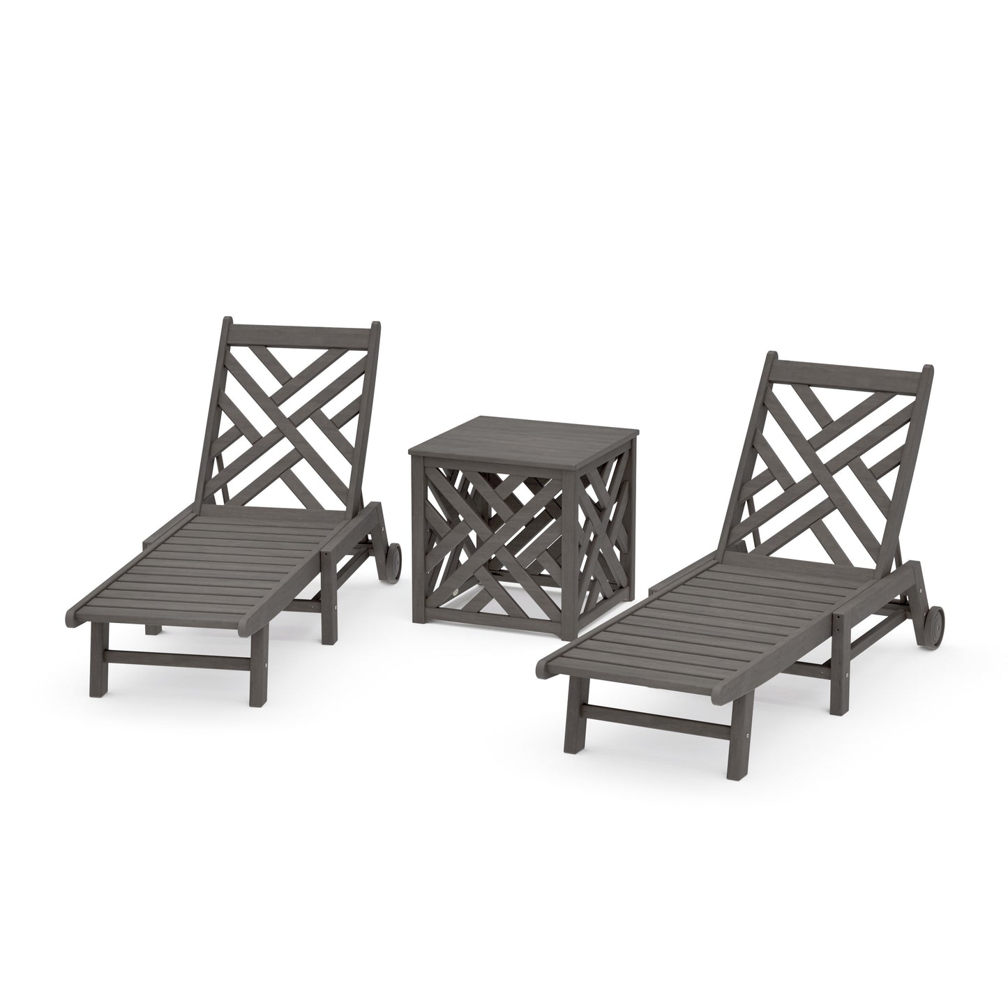 POLYWOOD Chippendale 3-Piece Chaise Set with Wheels and Umbrella Stand Accent Table — Driftwood