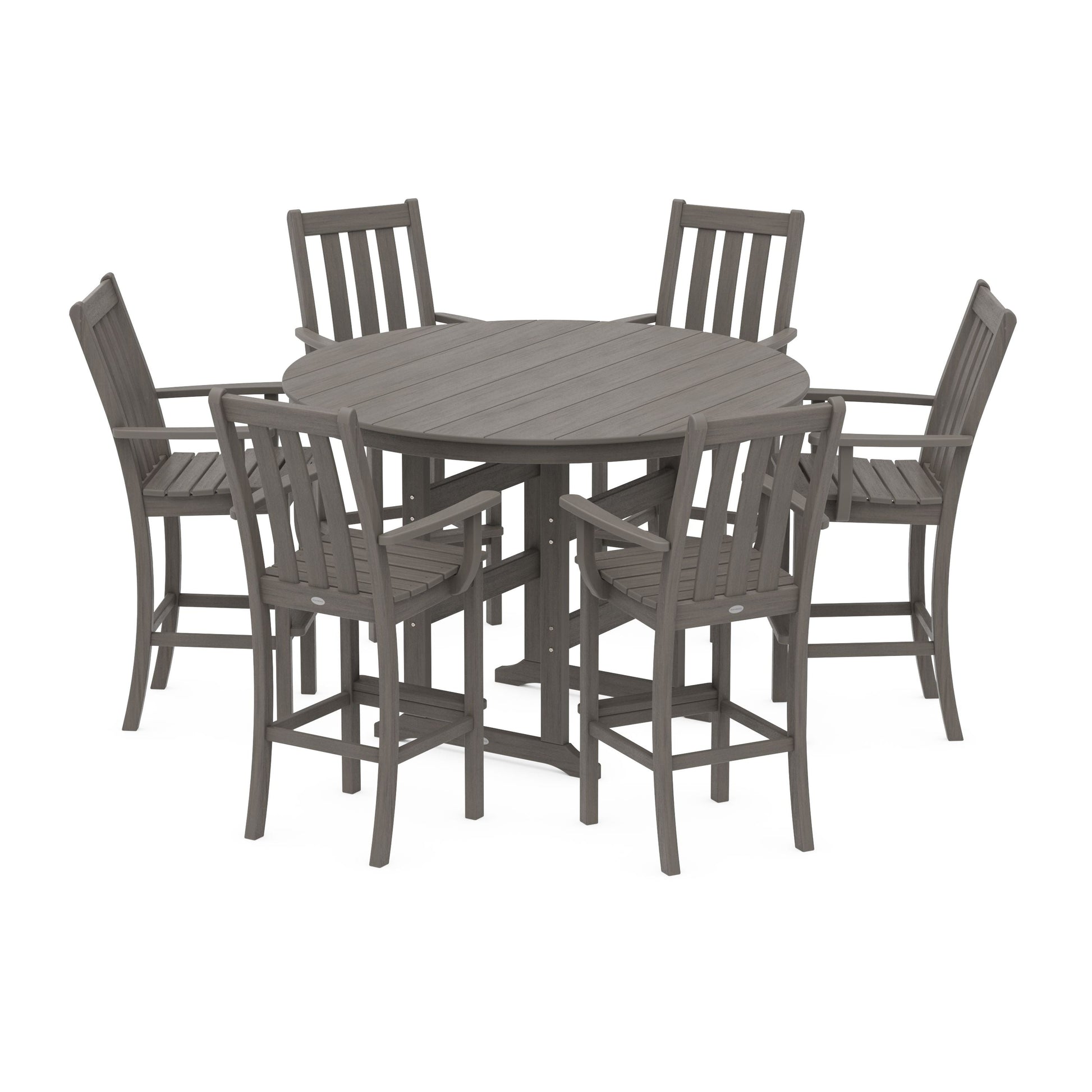POLYWOOD Vineyard 7-Piece Arm Chair Round Farmhouse Bar Set — Driftwood