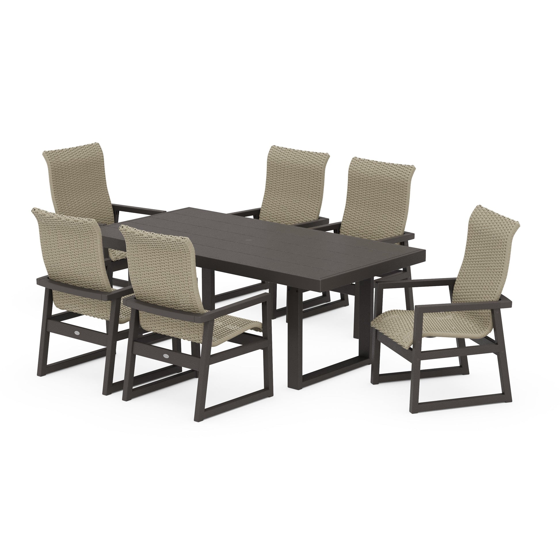 POLYWOOD EDGE Woven Highback Arm Chair 7-Piece Dining Set — Vintage Coffee / Dune Grass