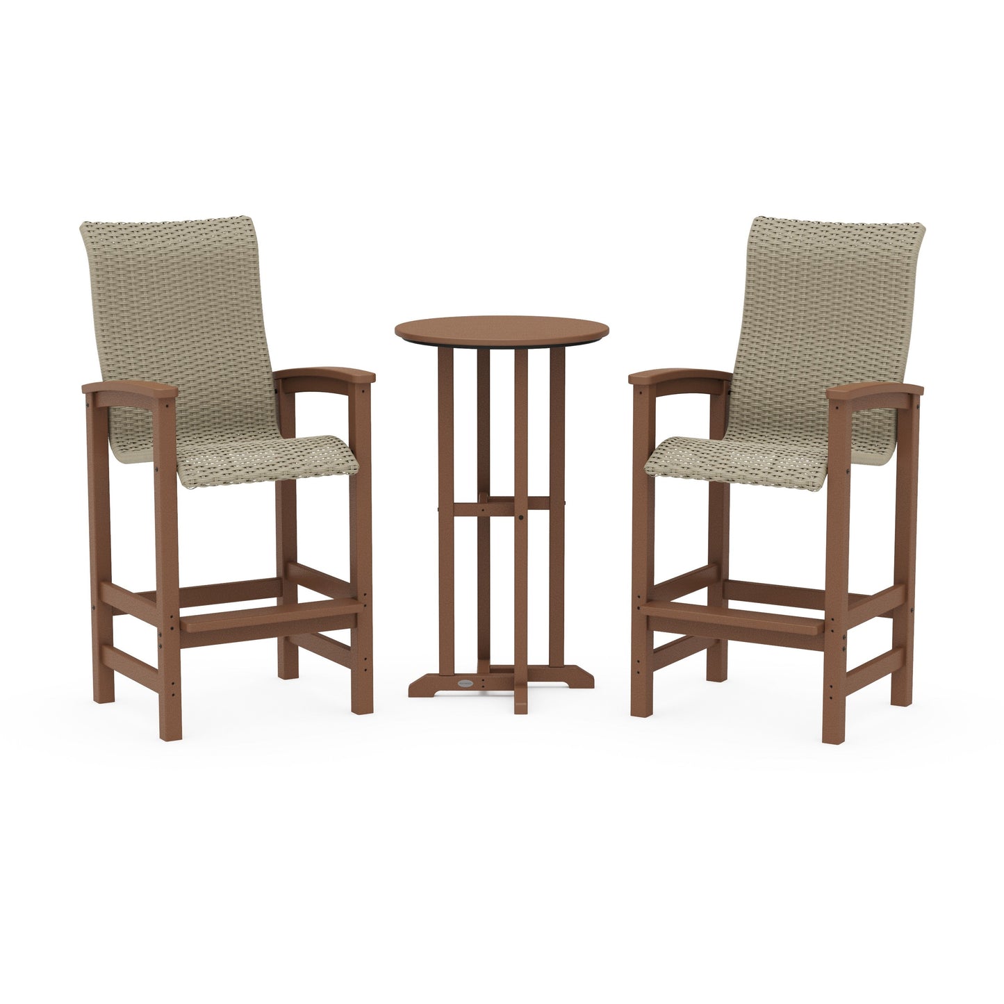 POLYWOOD Coastal Woven High-Back 3-Piece Farmhouse Bar Set — Teak / Dune Grass