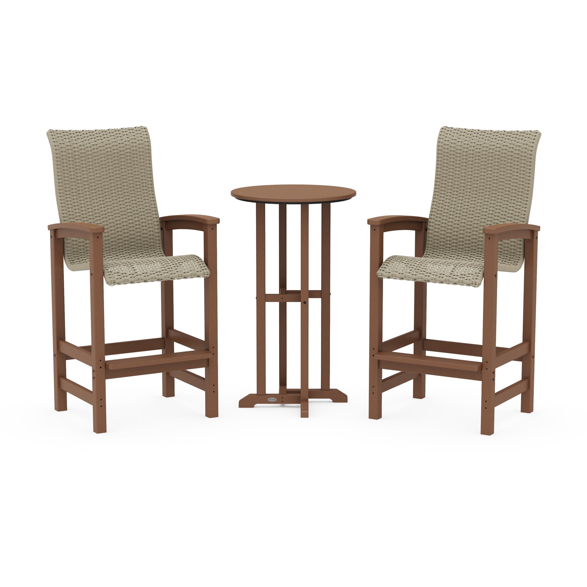 POLYWOOD Coastal Woven High-Back 3-Piece Farmhouse Bar Set — Teak / Dune Grass