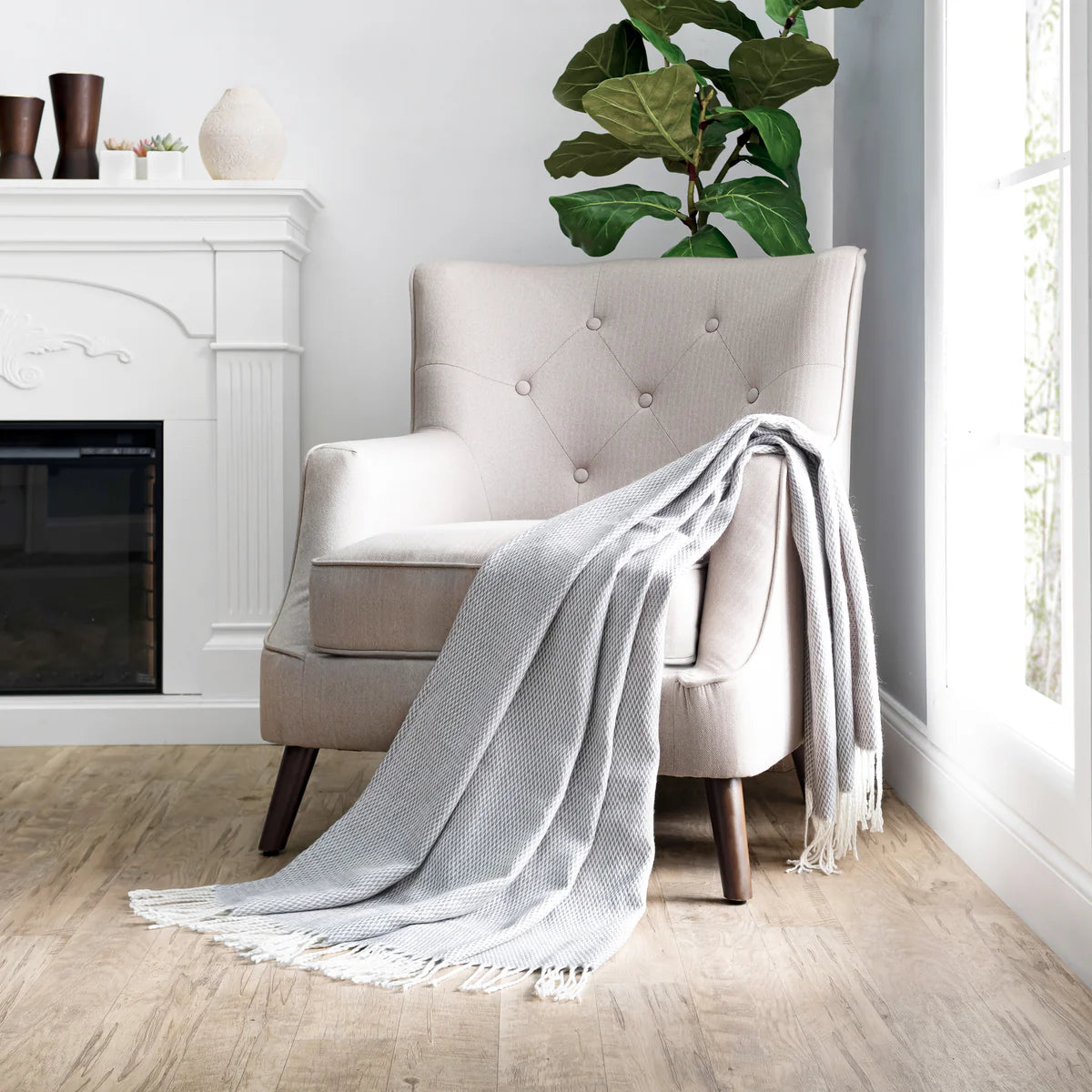 Herringbone Throw Blanket with Fringed Edges
