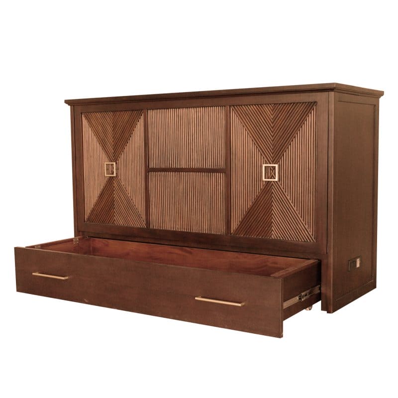 Universal Queen Size Wooden Cabinet Bed w/ Rattan Decor, USB Port, Drawer & 6-Inch Tri-fold Memory Foam Mattress - FREE SHIPPING !!!