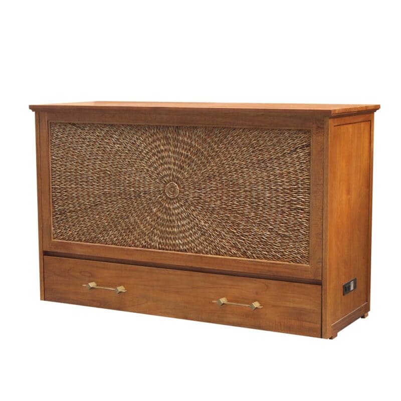 Key Largo Queen Size Wooden Cabinet Bed w/ Abaca Decor, USB Port, Drawer & 6-Inch Tri-fold Memory Foam Mattress - FREE SHIPPING !!!