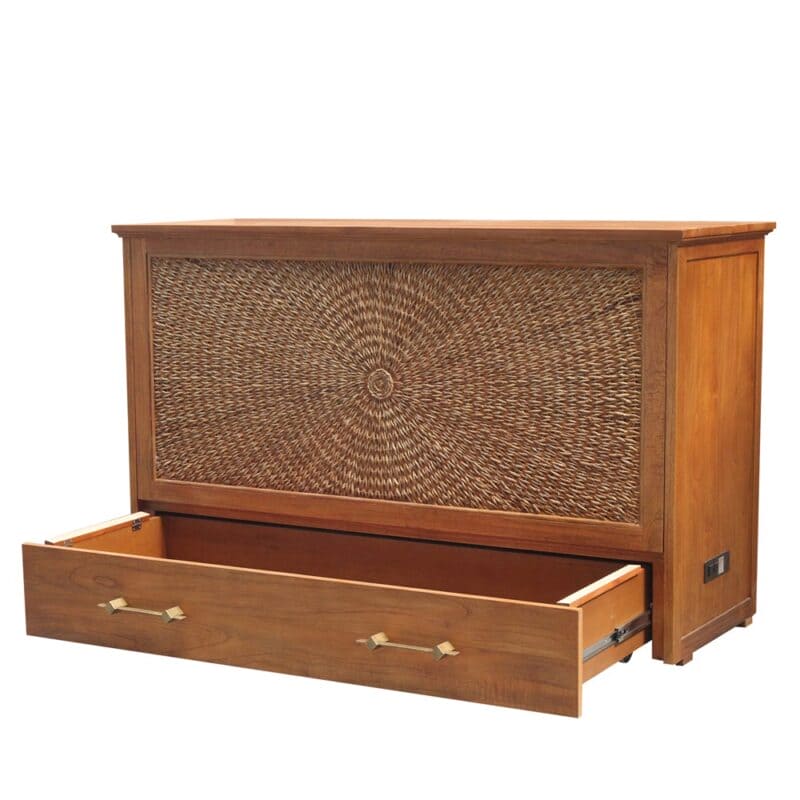 Key Largo Queen Size Wooden Cabinet Bed w/ Abaca Decor, USB Port, Drawer & 6-Inch Tri-fold Memory Foam Mattress - FREE SHIPPING !!!