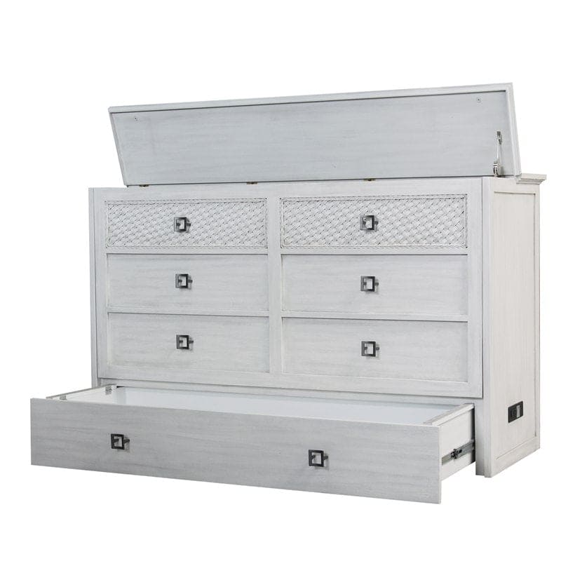 Kona Queen Size Wooden Cabinet Bed w/ Rattan Decor, USB Port, Drawer & 6-Inch Tri-fold Memory Foam Mattress - FREE SHIPPING !!!