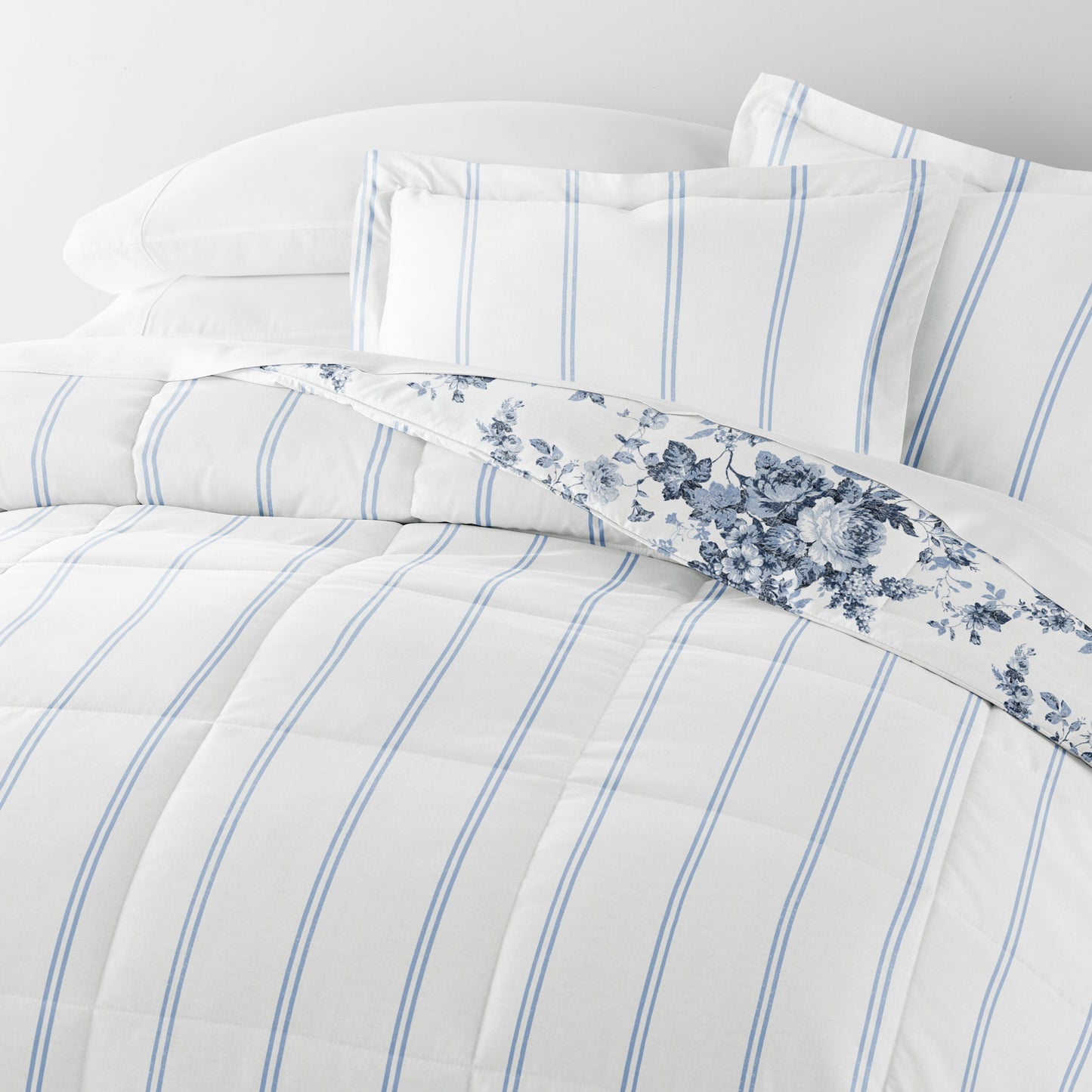 Cabbage Rose Stripe Reversible Patterned Down-Alternative Comforter Set