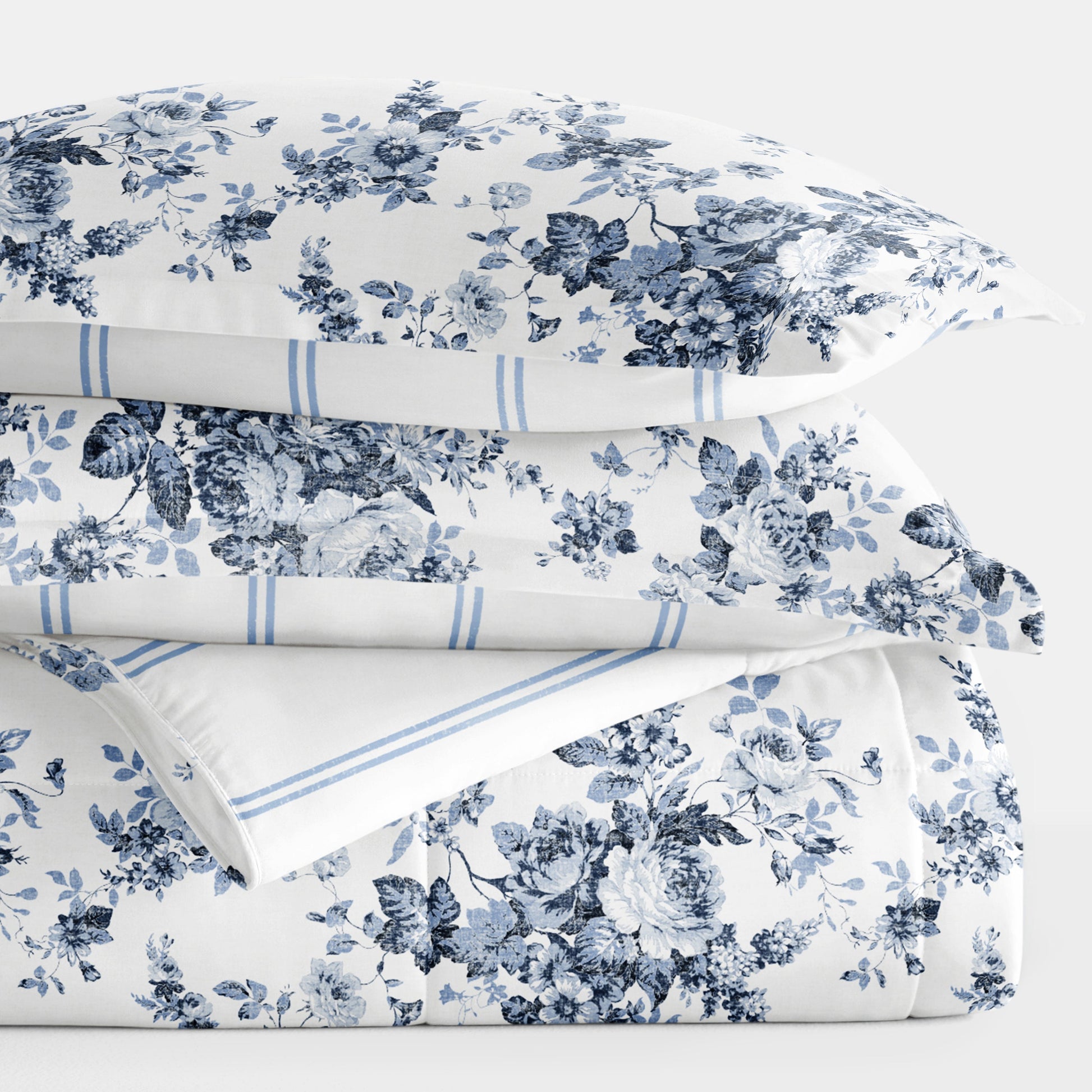 Cabbage Rose Stripe Reversible Patterned Down-Alternative Comforter Set