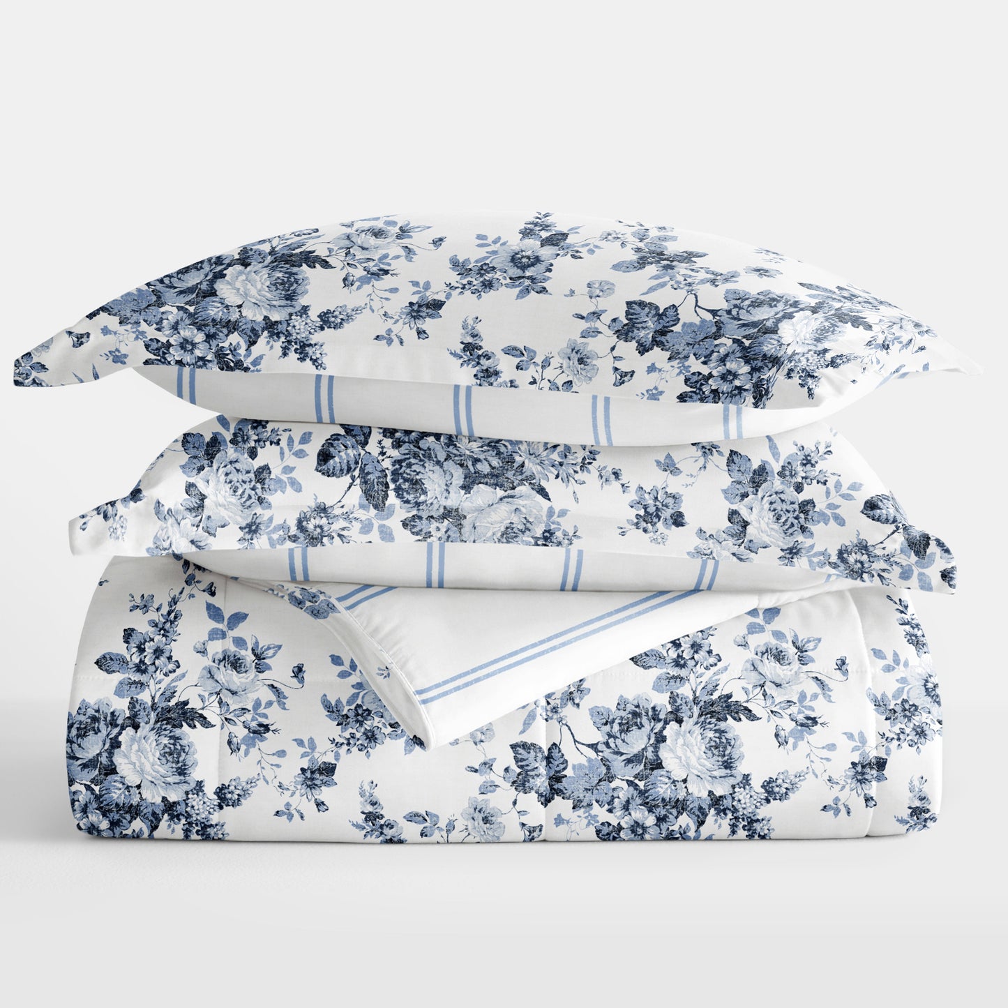 Cabbage Rose Stripe Reversible Patterned Down-Alternative Comforter Set