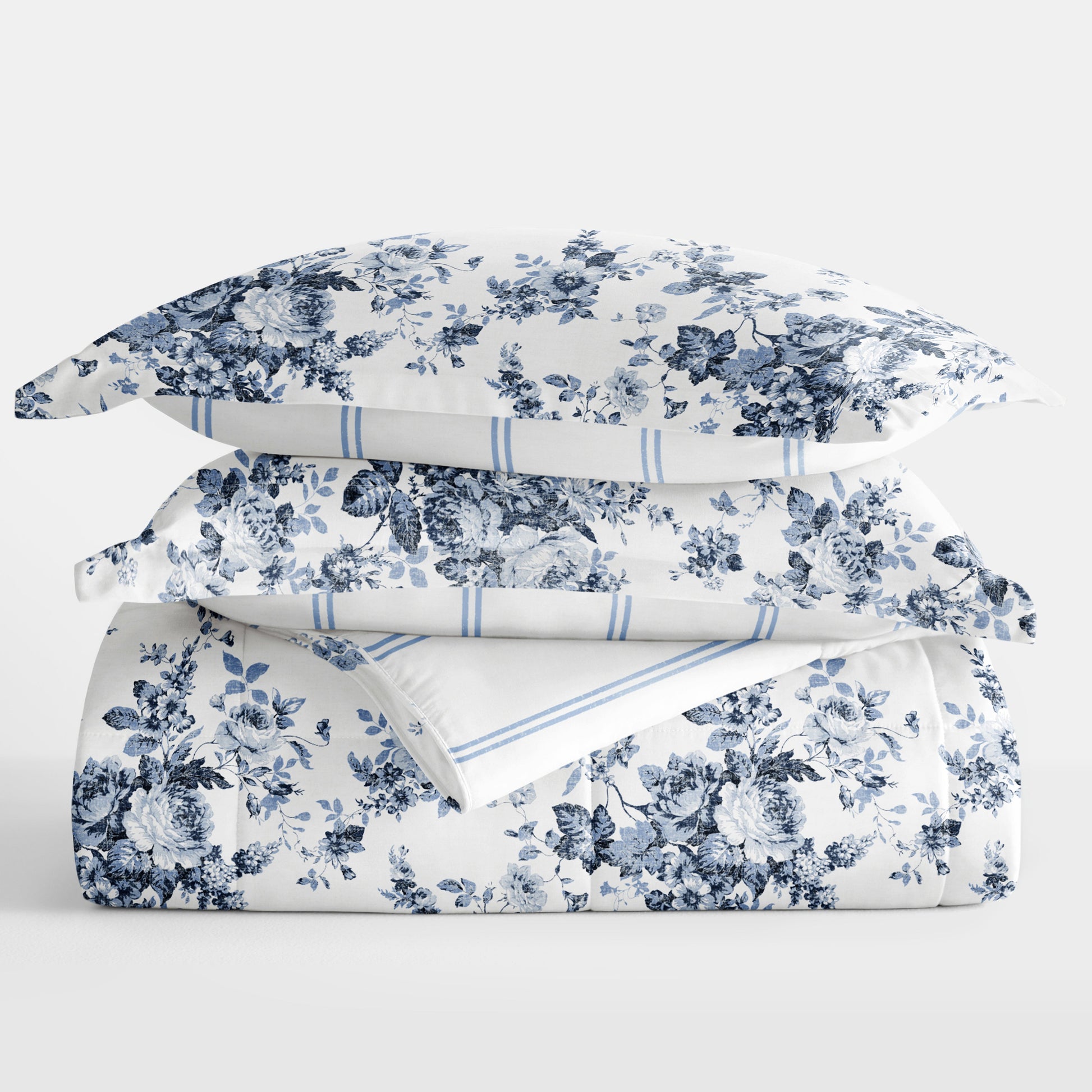 Cabbage Rose Stripe Reversible Patterned Down-Alternative Comforter Set