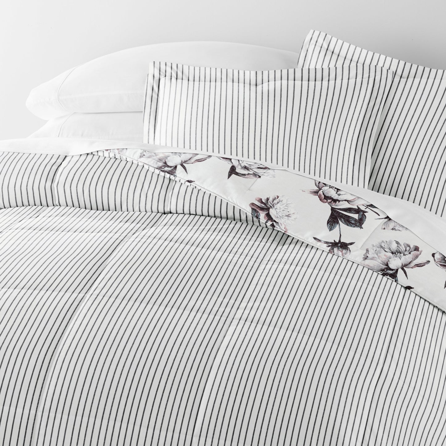 Vintage Magnolia Stripe Reversible Patterned Down-Alternative Comforter Set