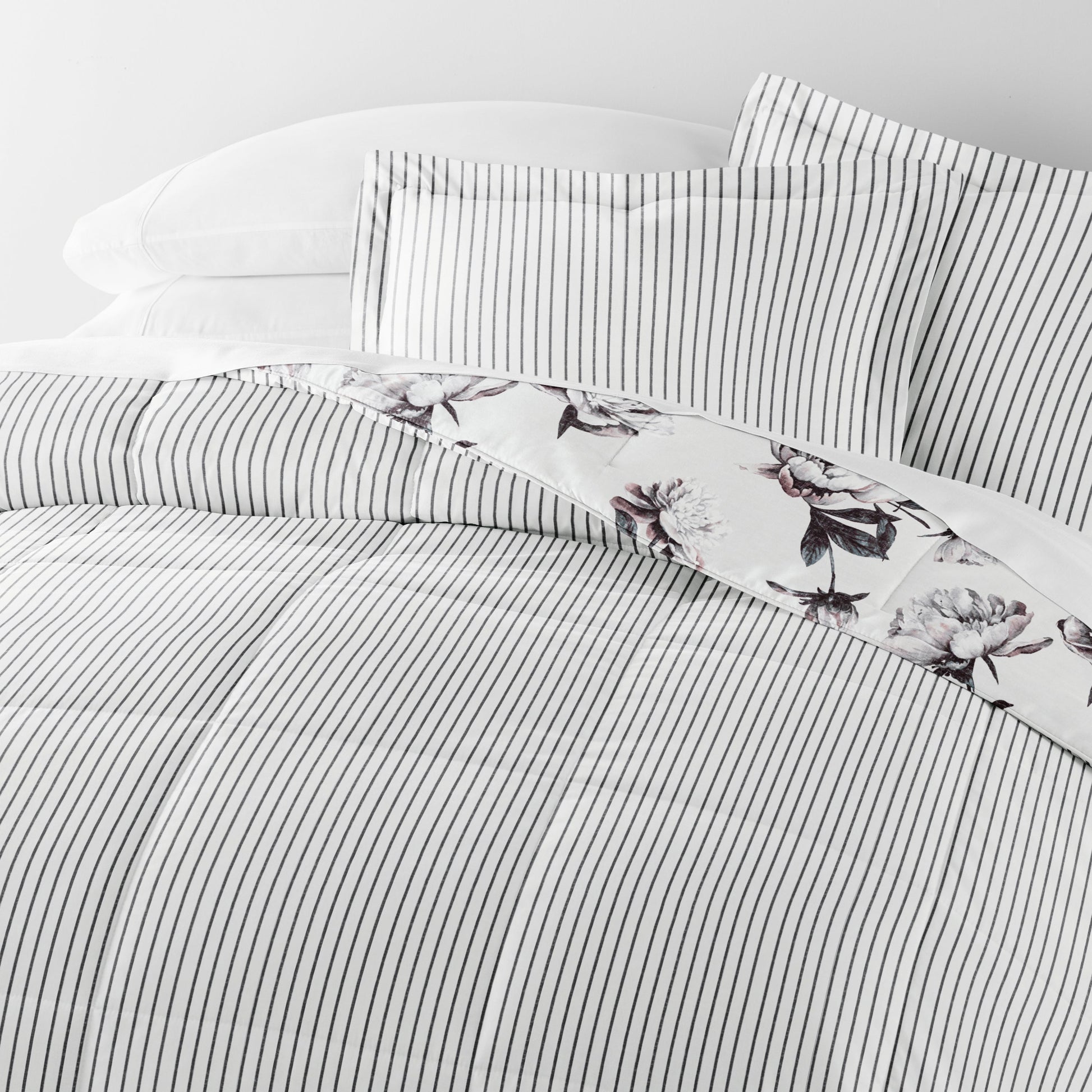 Vintage Magnolia Stripe Reversible Patterned Down-Alternative Comforter Set