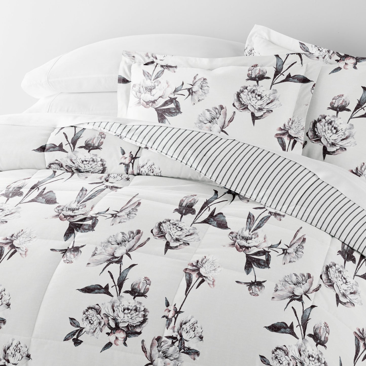 Vintage Magnolia Stripe Reversible Patterned Down-Alternative Comforter Set