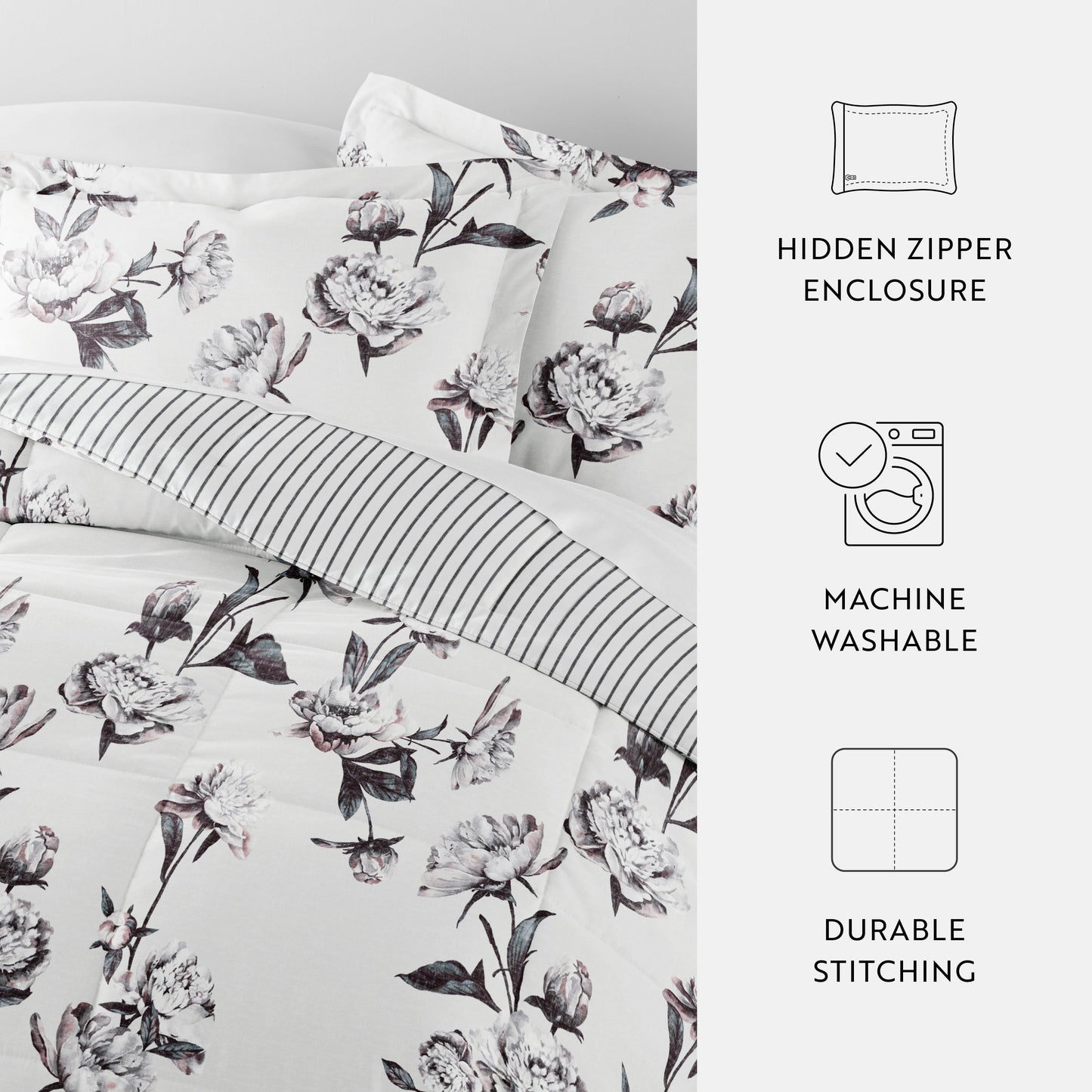 Vintage Magnolia Stripe Reversible Patterned Down-Alternative Comforter Set