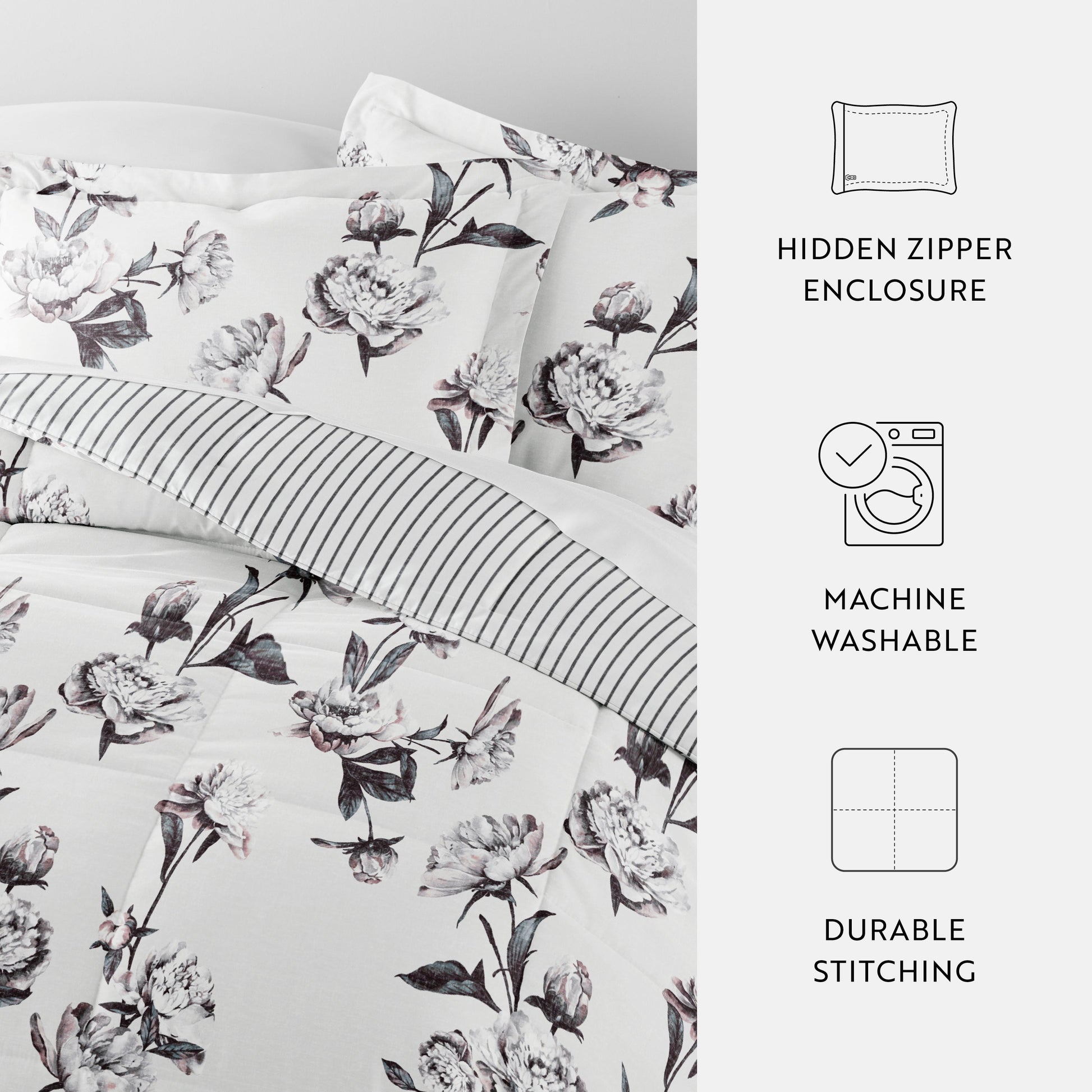 Vintage Magnolia Stripe Reversible Patterned Down-Alternative Comforter Set