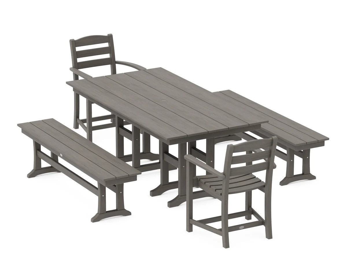 Polywood - La Casa Café 5-Piece Farmhouse Dining Set with Benches - FREE SHIPPING