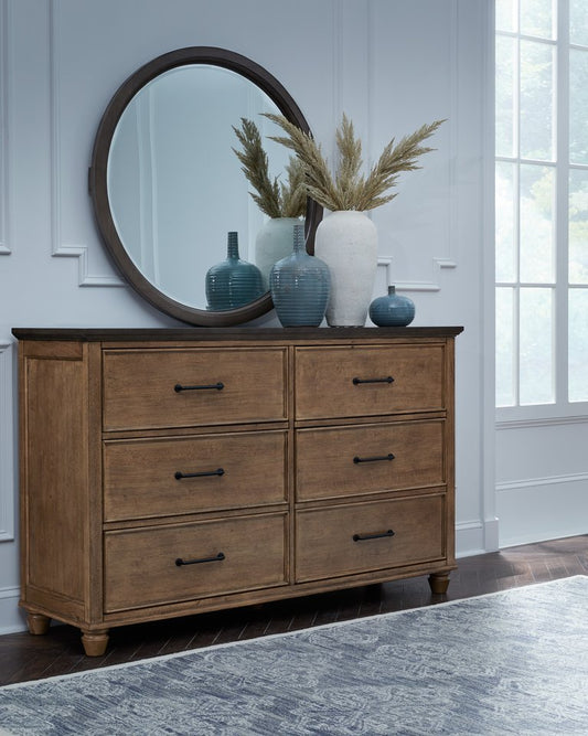 Vista - 6 Drawer Dresser & Round Mirror in Hickory & Coal