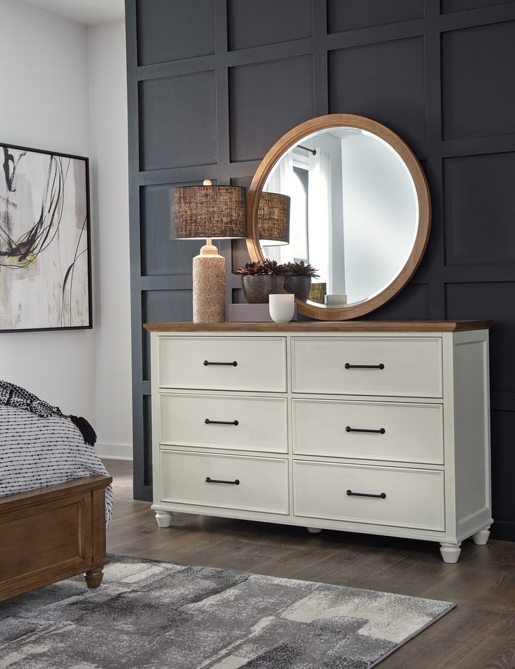 Vista - 6 Drawer Dresser & Round Mirror in Hickory & Shell