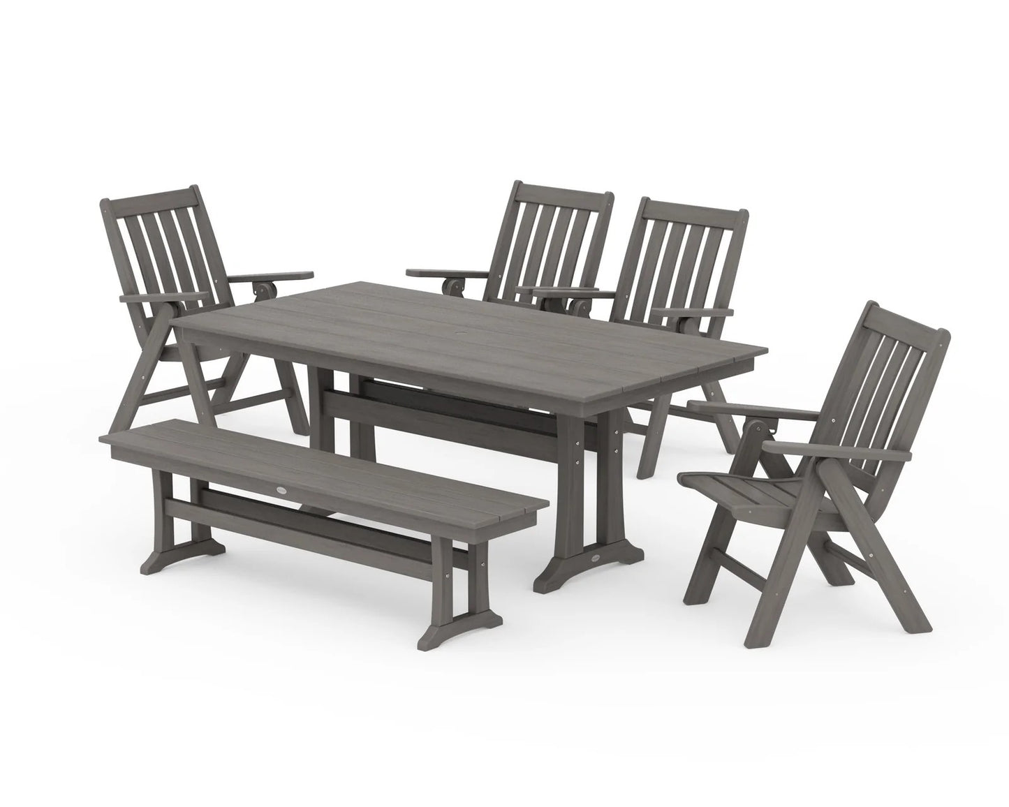 Polywood - Vineyard 6-Piece Folding Chair Farmhouse Dining Set with Trestle Legs & Bench - FREE SHIPPING