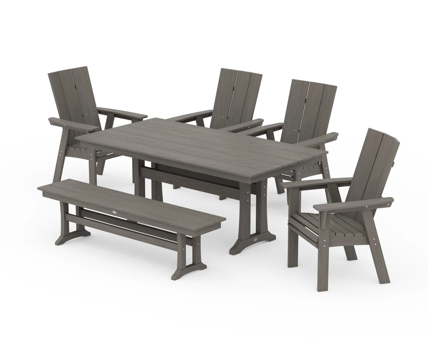 Polywood - Modern Curveback Adirondack 6-Piece Farmhouse Dining Set with Trestle Legs & Bench - FREE SHIPPING
