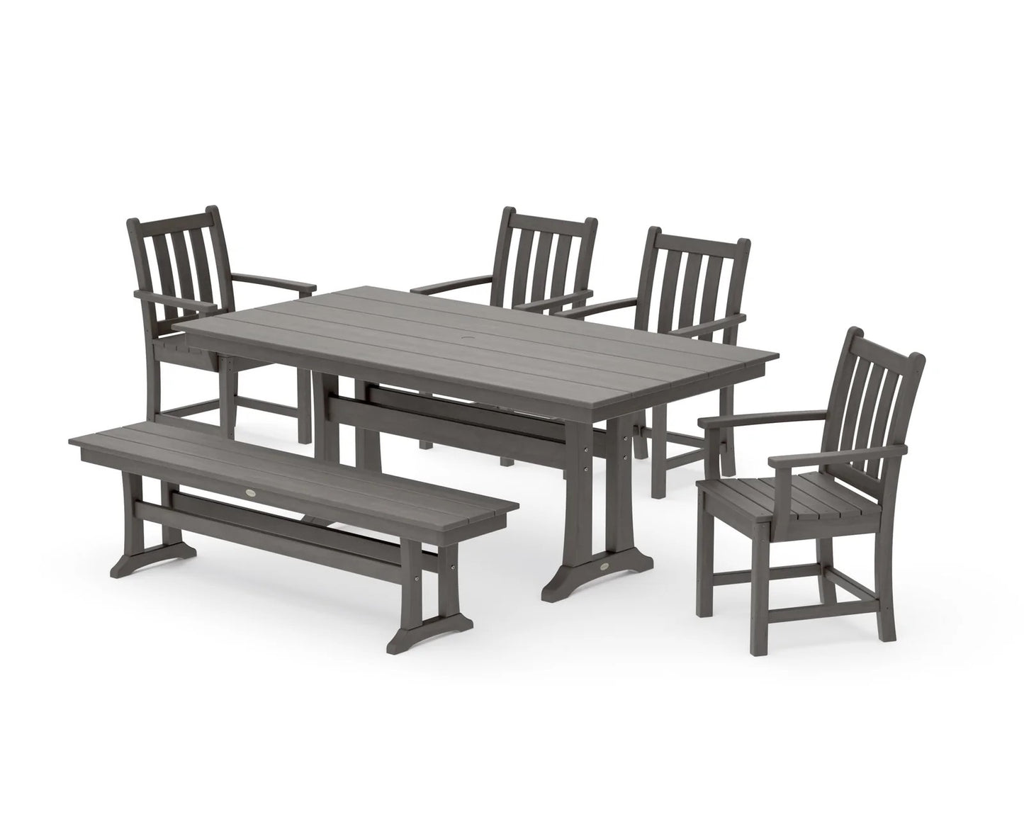 Polywood - Traditional Garden Arm Chair 6-Piece Farmhouse Dining Set with Trestle Legs & Bench - FREE SHIPPING