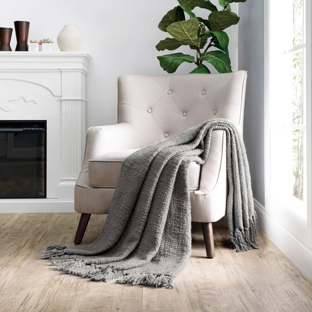 Slub-Yarn Basketweave Throw Blanket with Fringed Edges