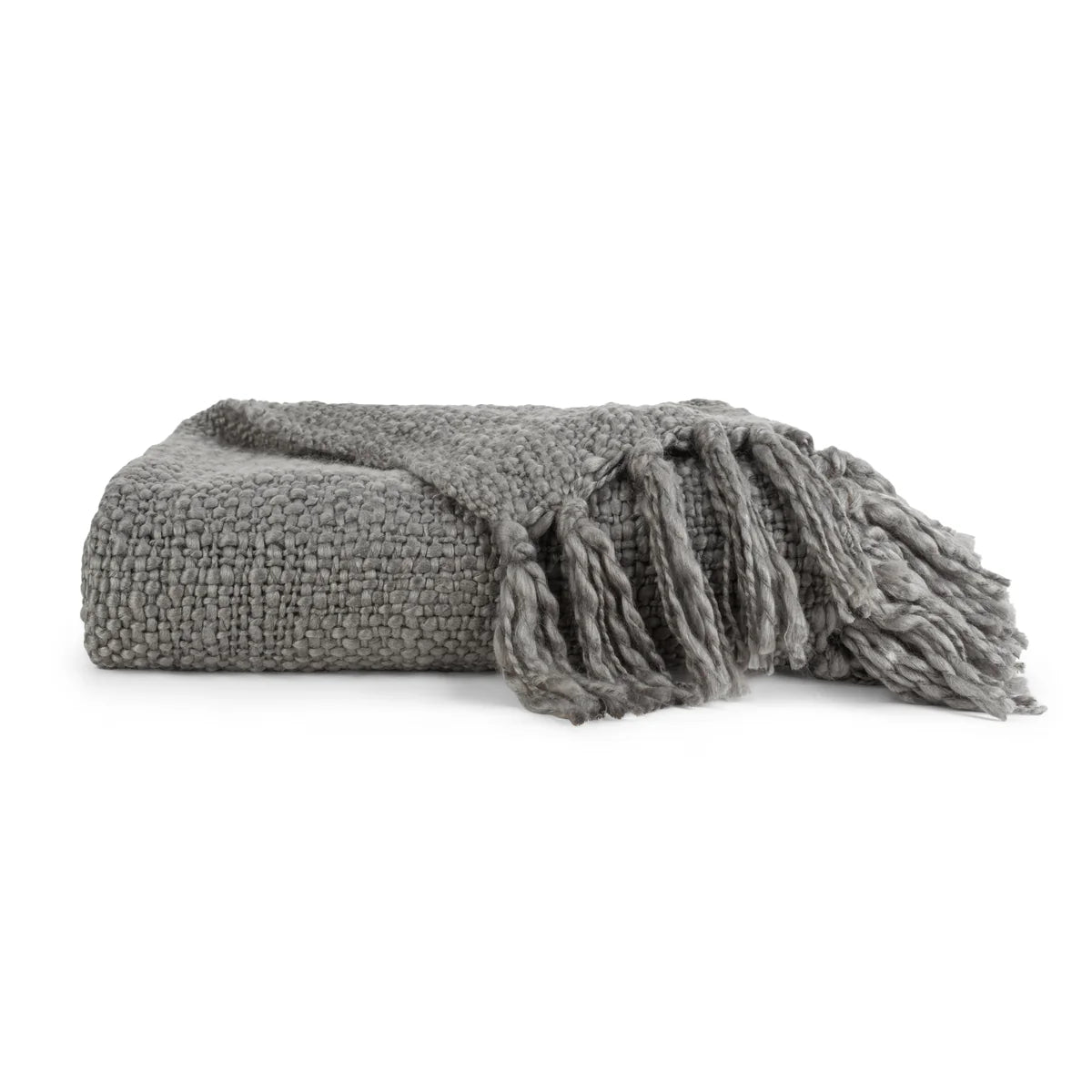 Slub-Yarn Basketweave Throw Blanket with Fringed Edges