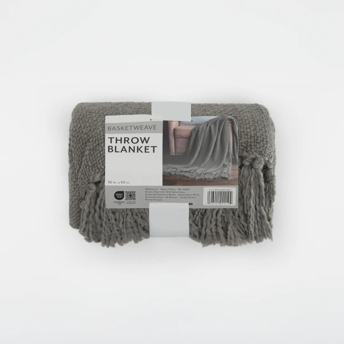 Slub-Yarn Basketweave Throw Blanket with Fringed Edges