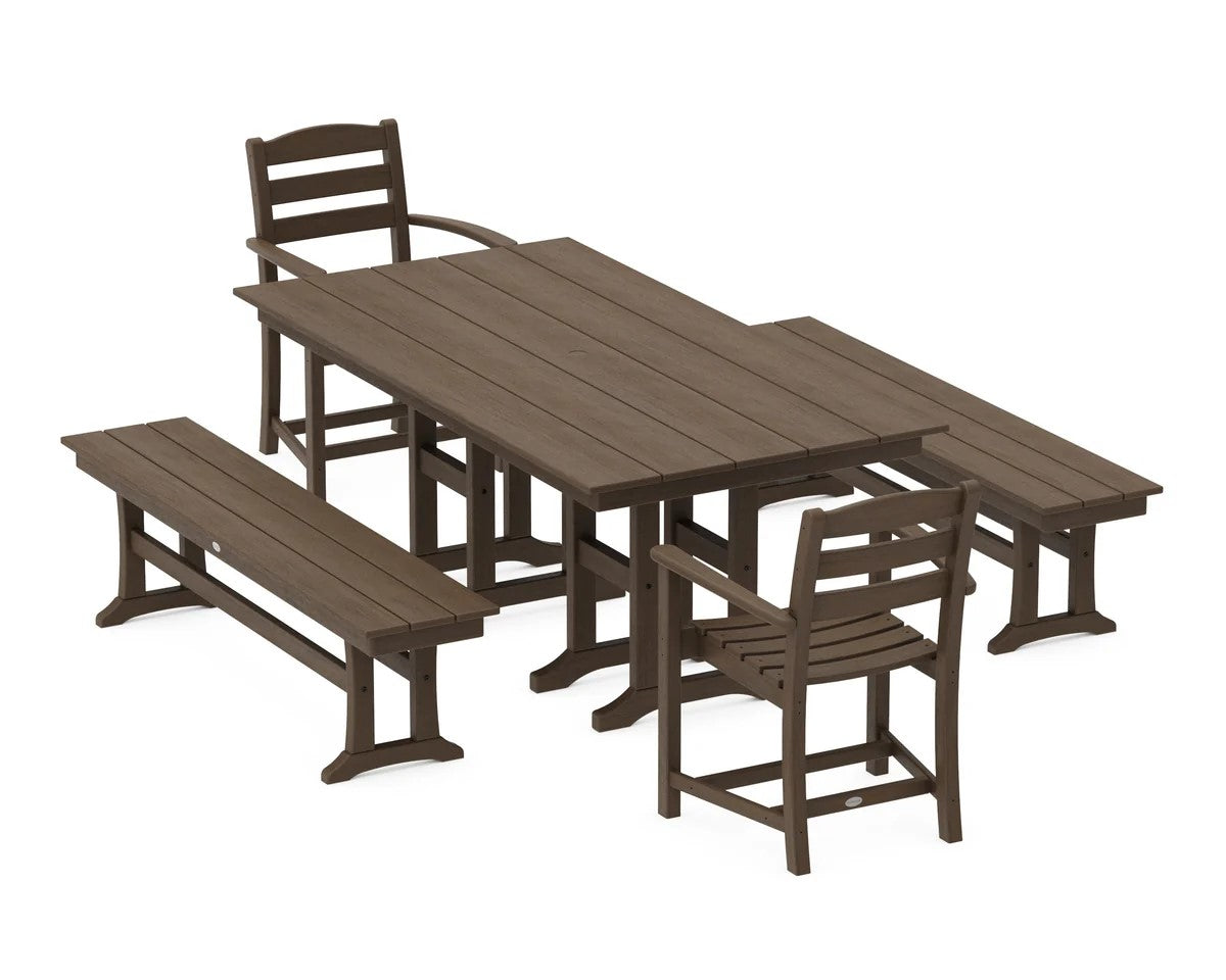 Polywood - La Casa Café 5-Piece Farmhouse Dining Set with Benches - FREE SHIPPING